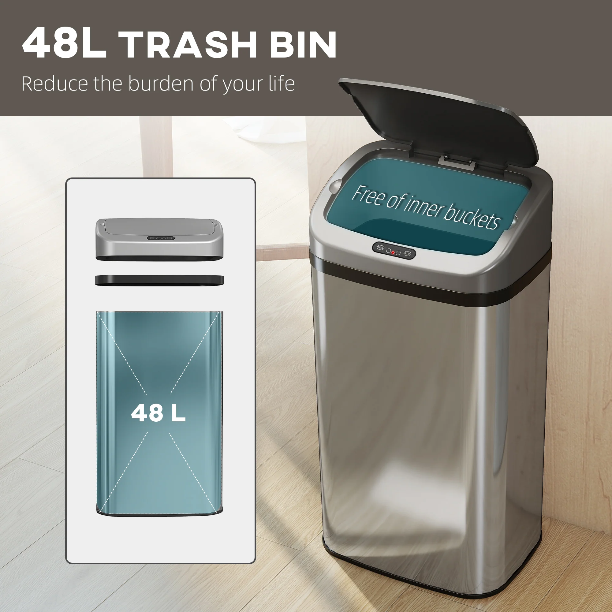 HOMCOM 48L Sensor Bin, Stainless Steel Kitchen Bin With Automatic Close - Image 6