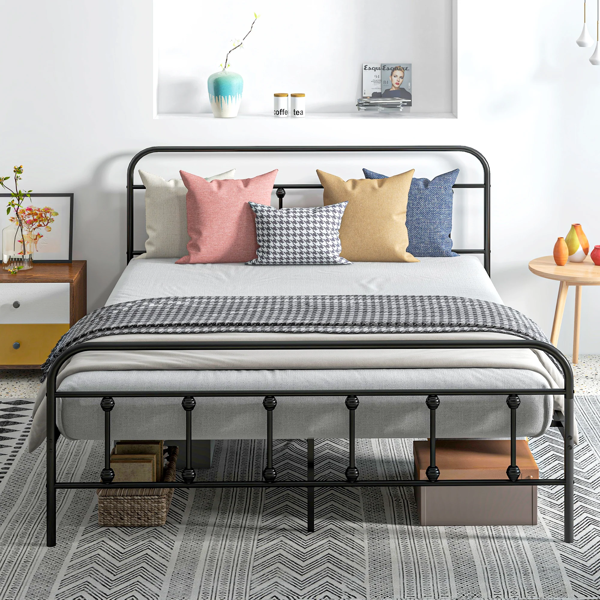 HOMCOM 4ft Metal Double Platform Bed Frame W/ Underbed Storage Headboard White/Black - Image 11