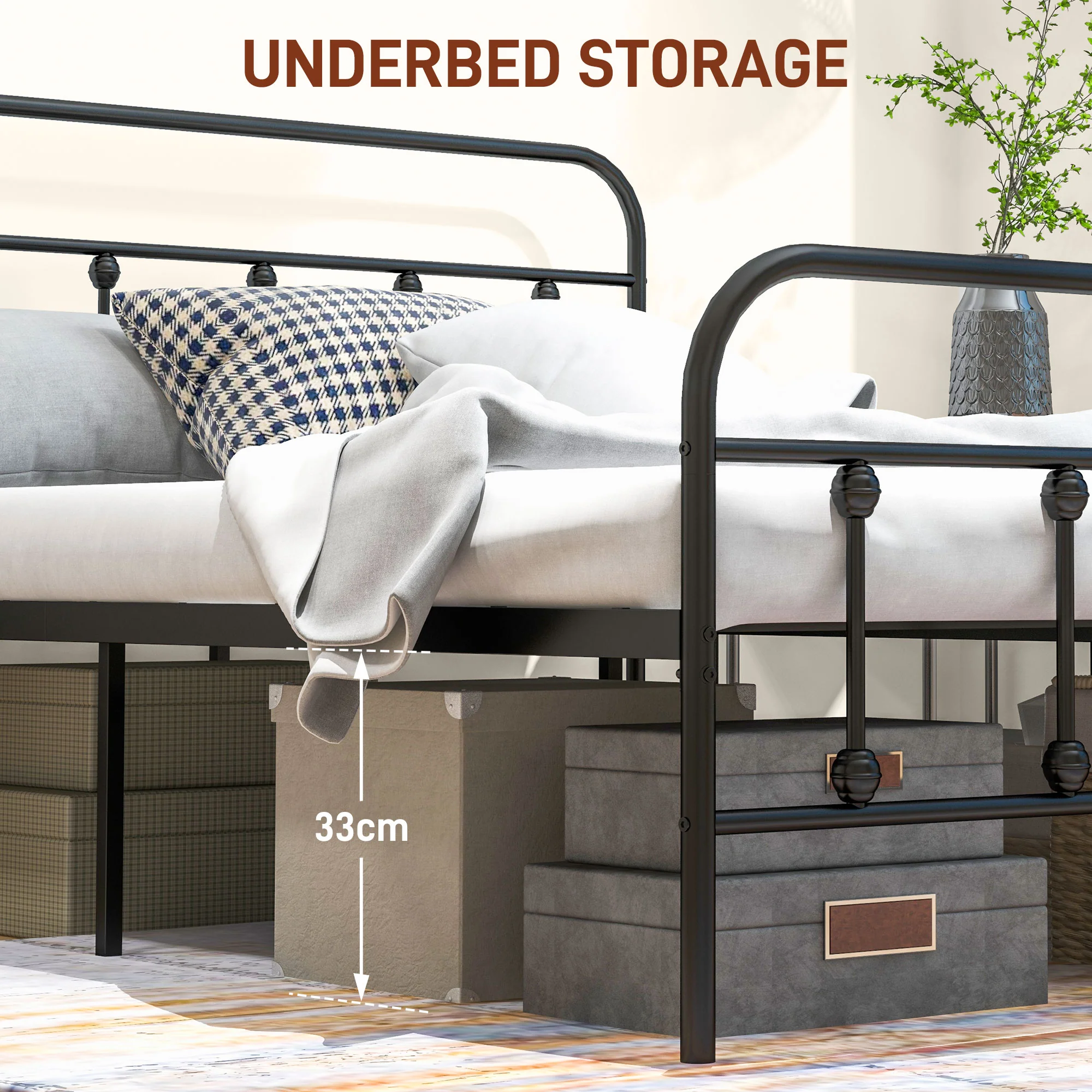 HOMCOM 4ft Metal Double Platform Bed Frame W/ Underbed Storage Headboard White/Black - Image 13