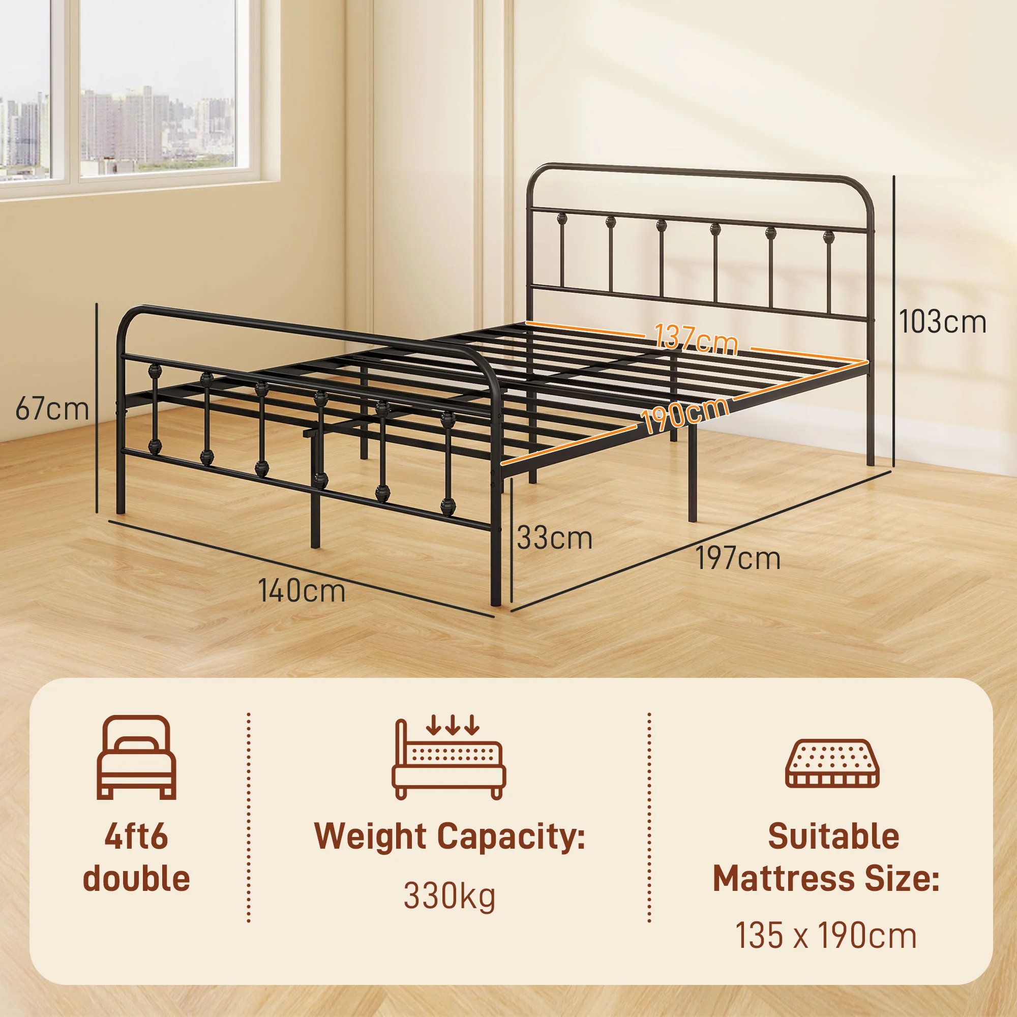 HOMCOM 4ft Metal Double Platform Bed Frame W/ Underbed Storage Headboard White/Black - Image 14