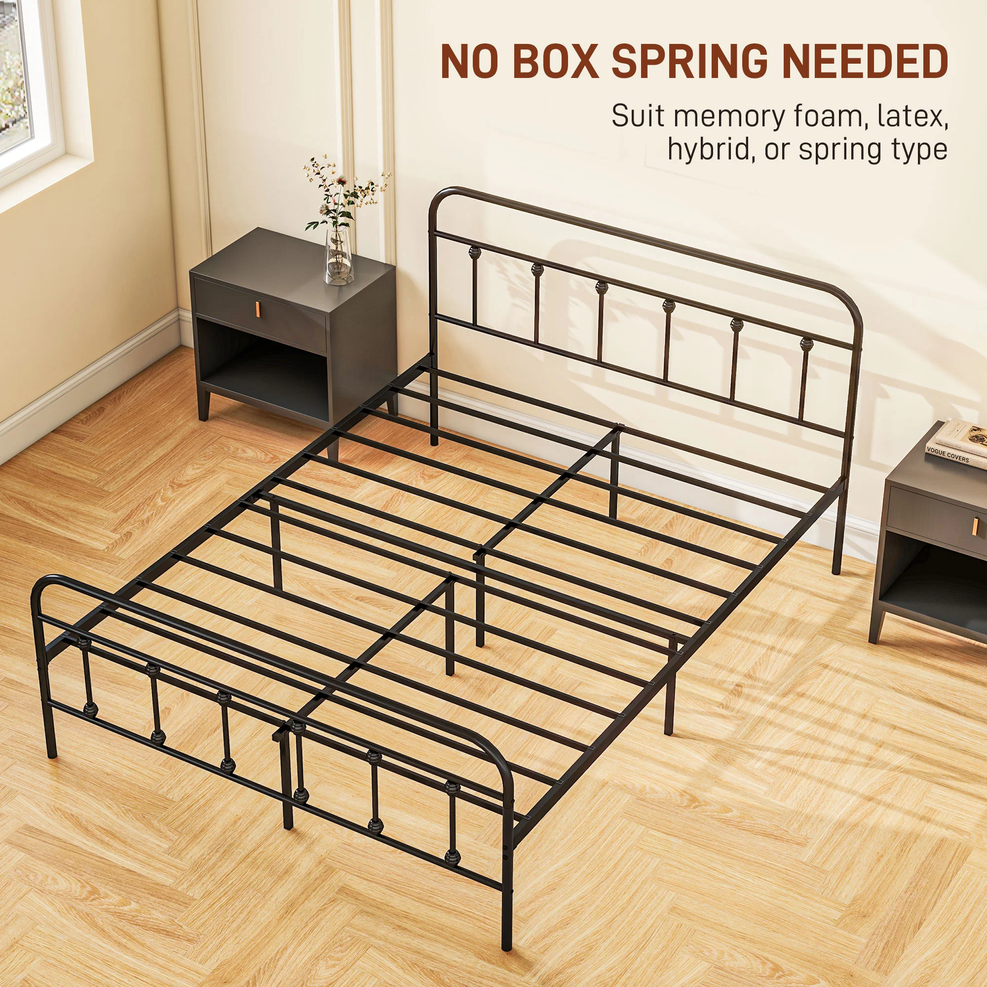 HOMCOM 4ft Metal Double Platform Bed Frame W/ Underbed Storage Headboard White/Black - Image 15
