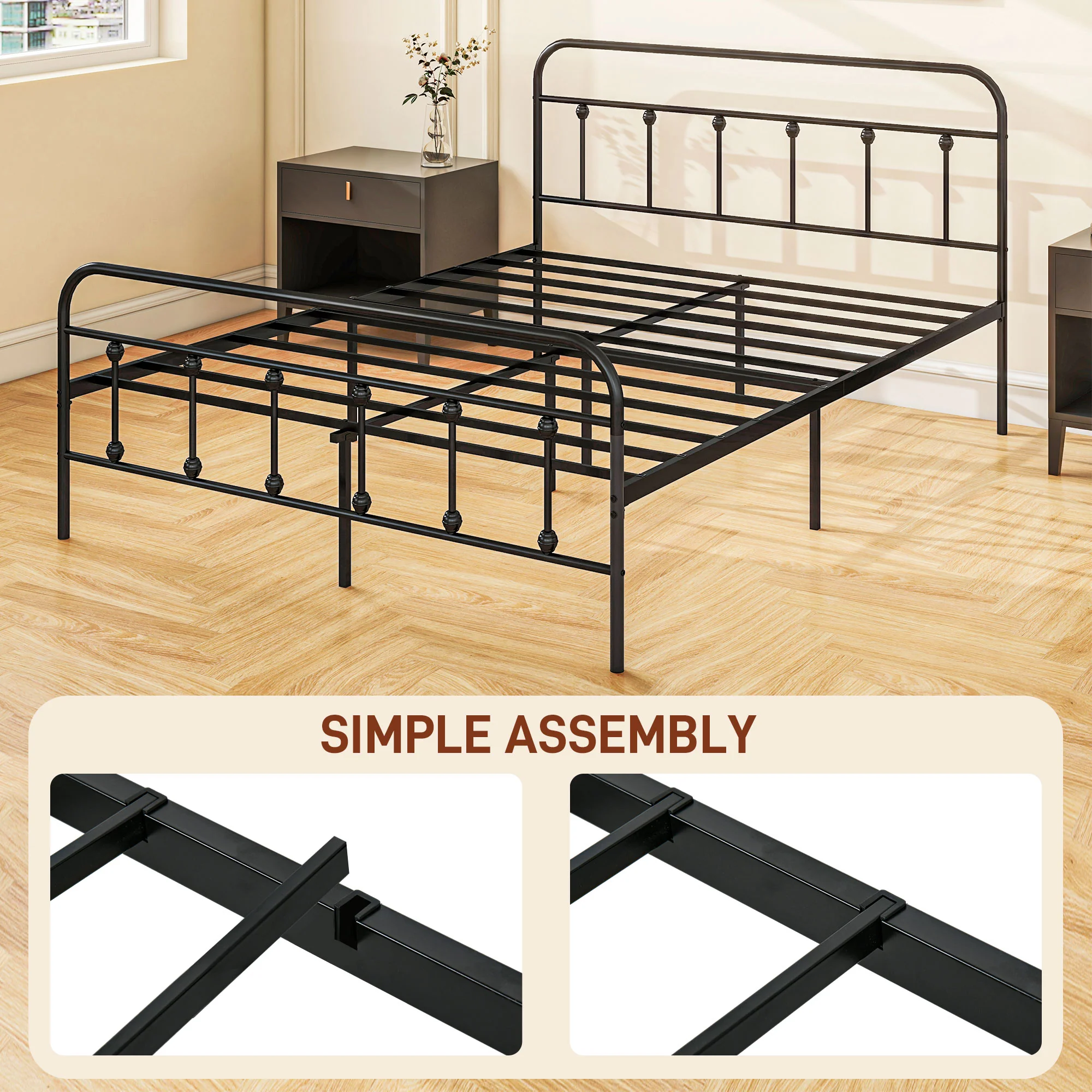 HOMCOM 4ft Metal Double Platform Bed Frame W/ Underbed Storage Headboard White/Black - Image 16