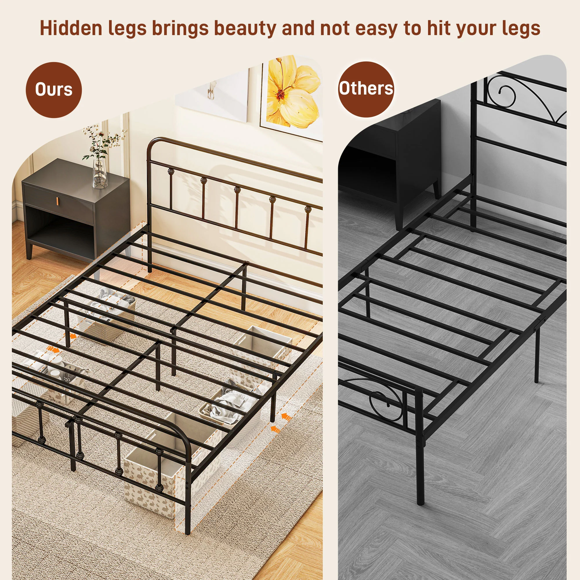 HOMCOM 4ft Metal Double Platform Bed Frame W/ Underbed Storage Headboard White/Black - Image 17
