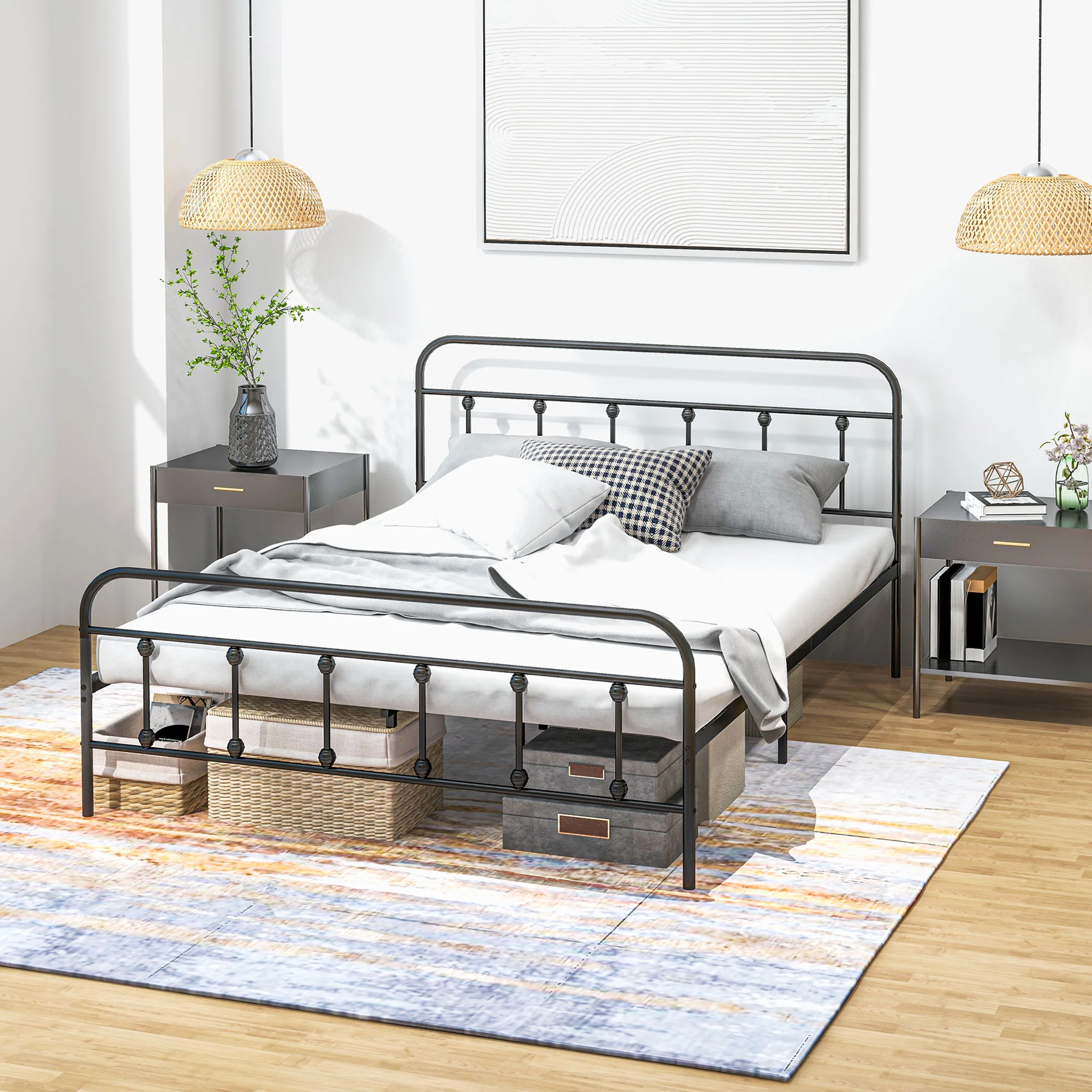 HOMCOM 4ft Metal Double Platform Bed Frame W/ Underbed Storage Headboard White/Black - Image 18