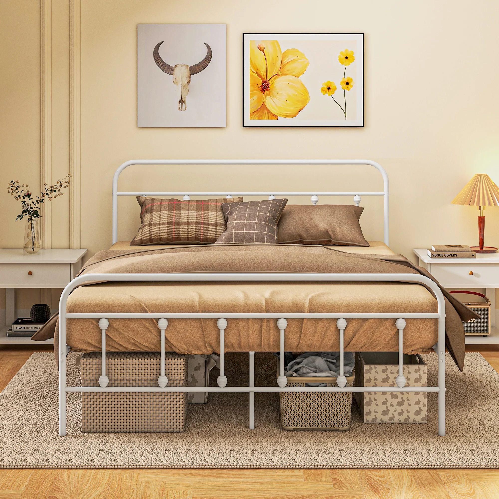 HOMCOM 4ft Metal Double Platform Bed Frame W/ Underbed Storage Headboard White/Black - Image 2