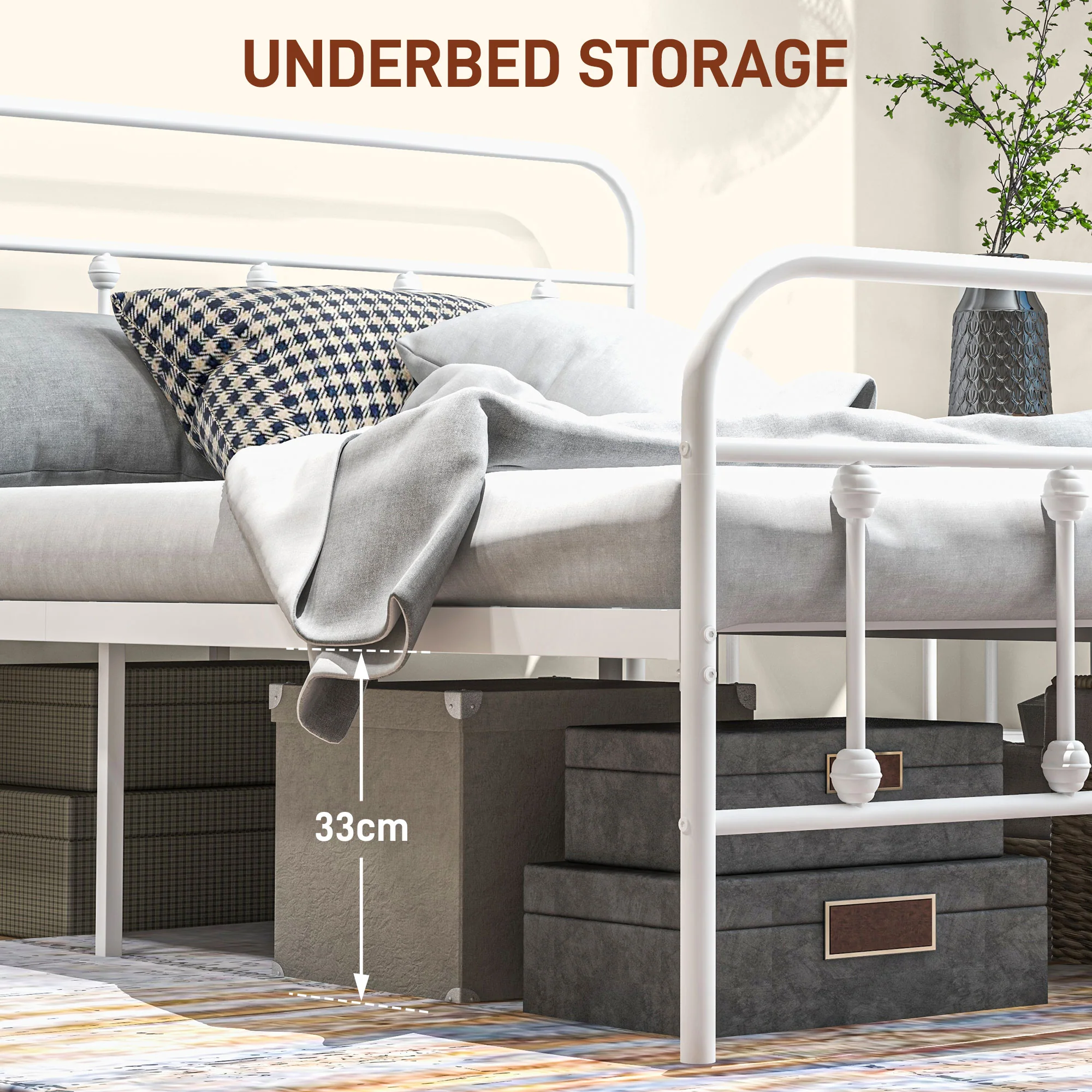 HOMCOM 4ft Metal Double Platform Bed Frame W/ Underbed Storage Headboard White/Black - Image 4