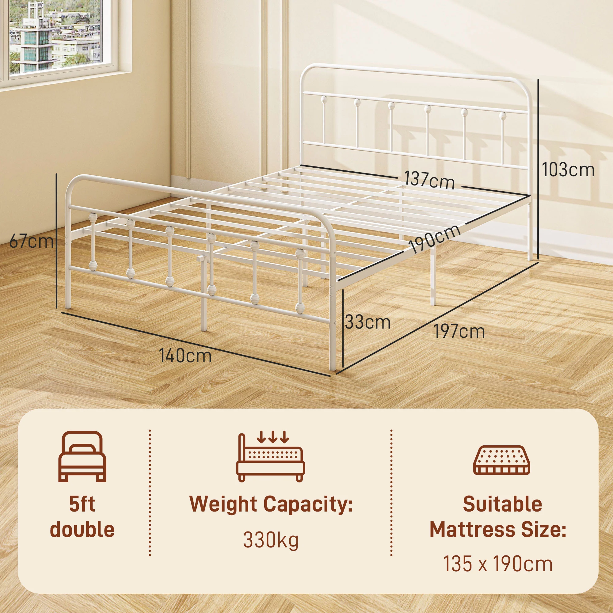 HOMCOM 4ft Metal Double Platform Bed Frame W/ Underbed Storage Headboard White/Black - Image 5