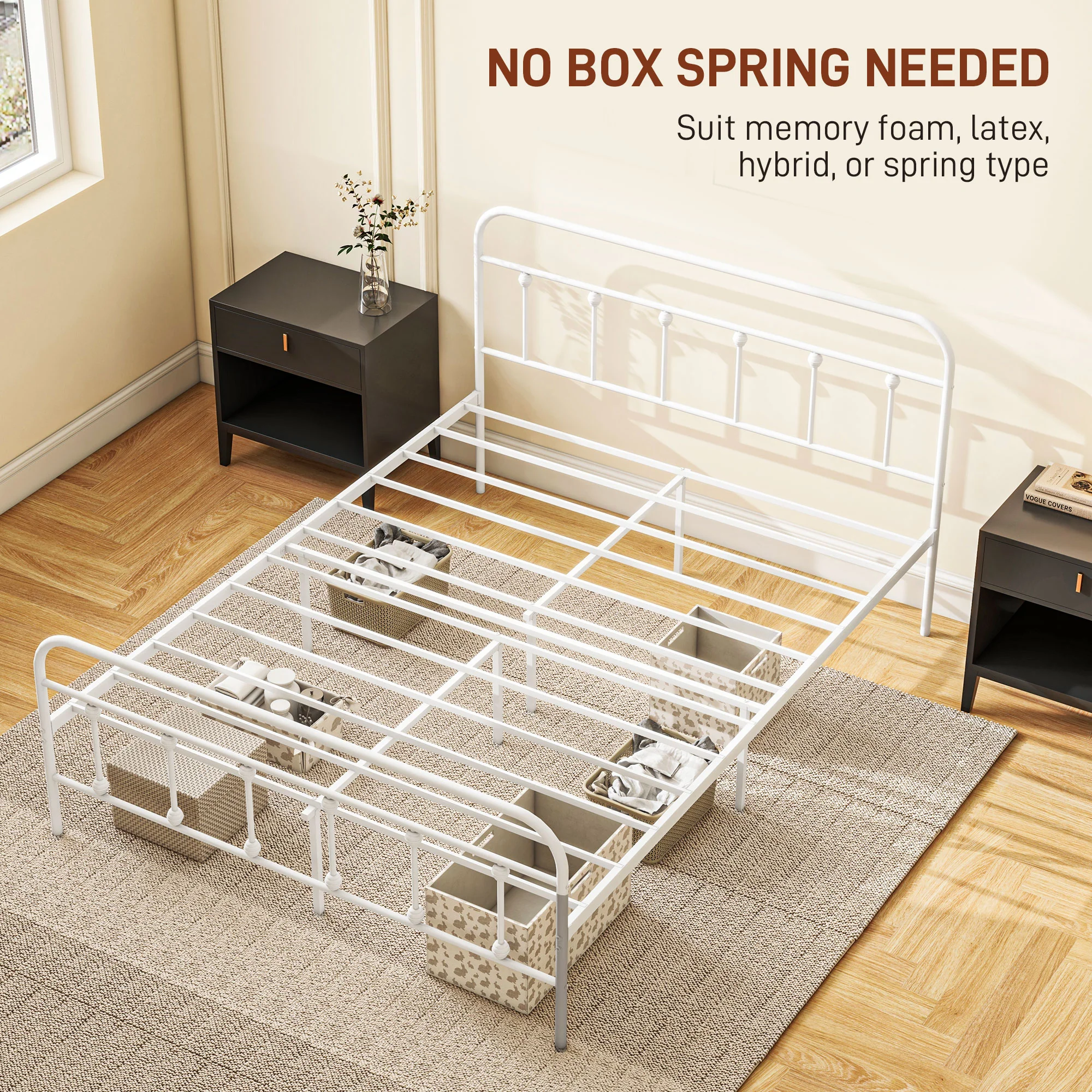 HOMCOM 4ft Metal Double Platform Bed Frame W/ Underbed Storage Headboard White/Black - Image 6