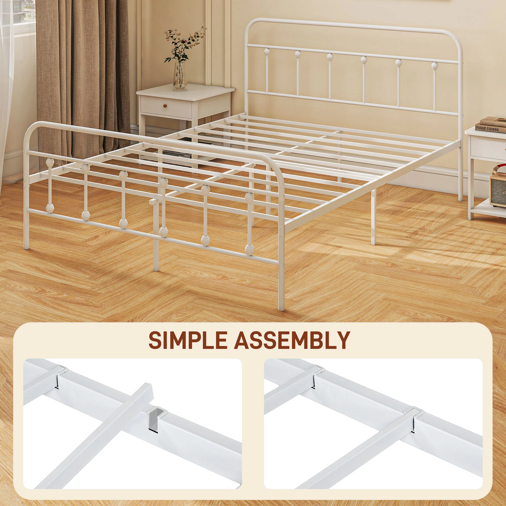 HOMCOM 4ft Metal Double Platform Bed Frame W/ Underbed Storage Headboard White/Black - Image 7