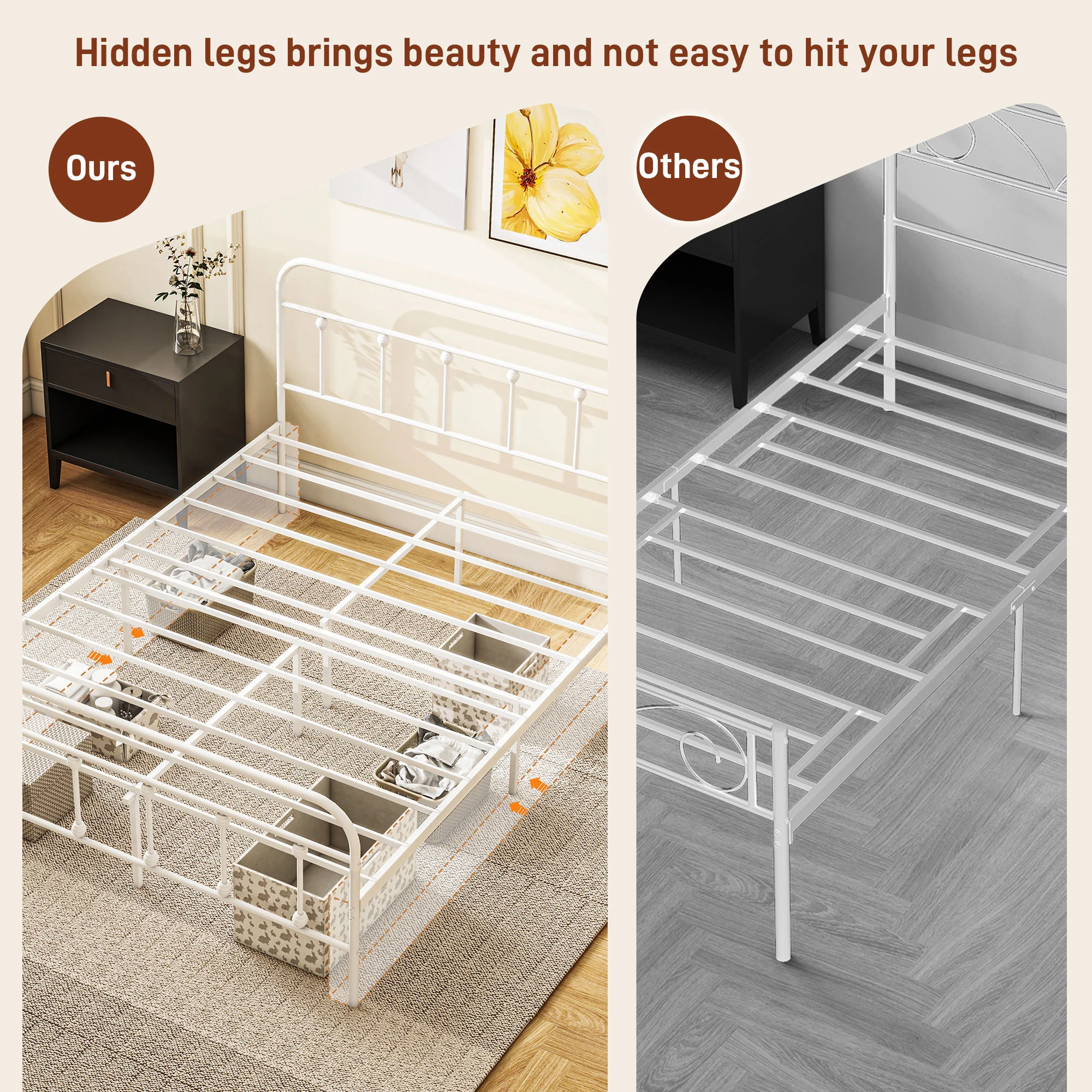 HOMCOM 4ft Metal Double Platform Bed Frame W/ Underbed Storage Headboard White/Black - Image 8