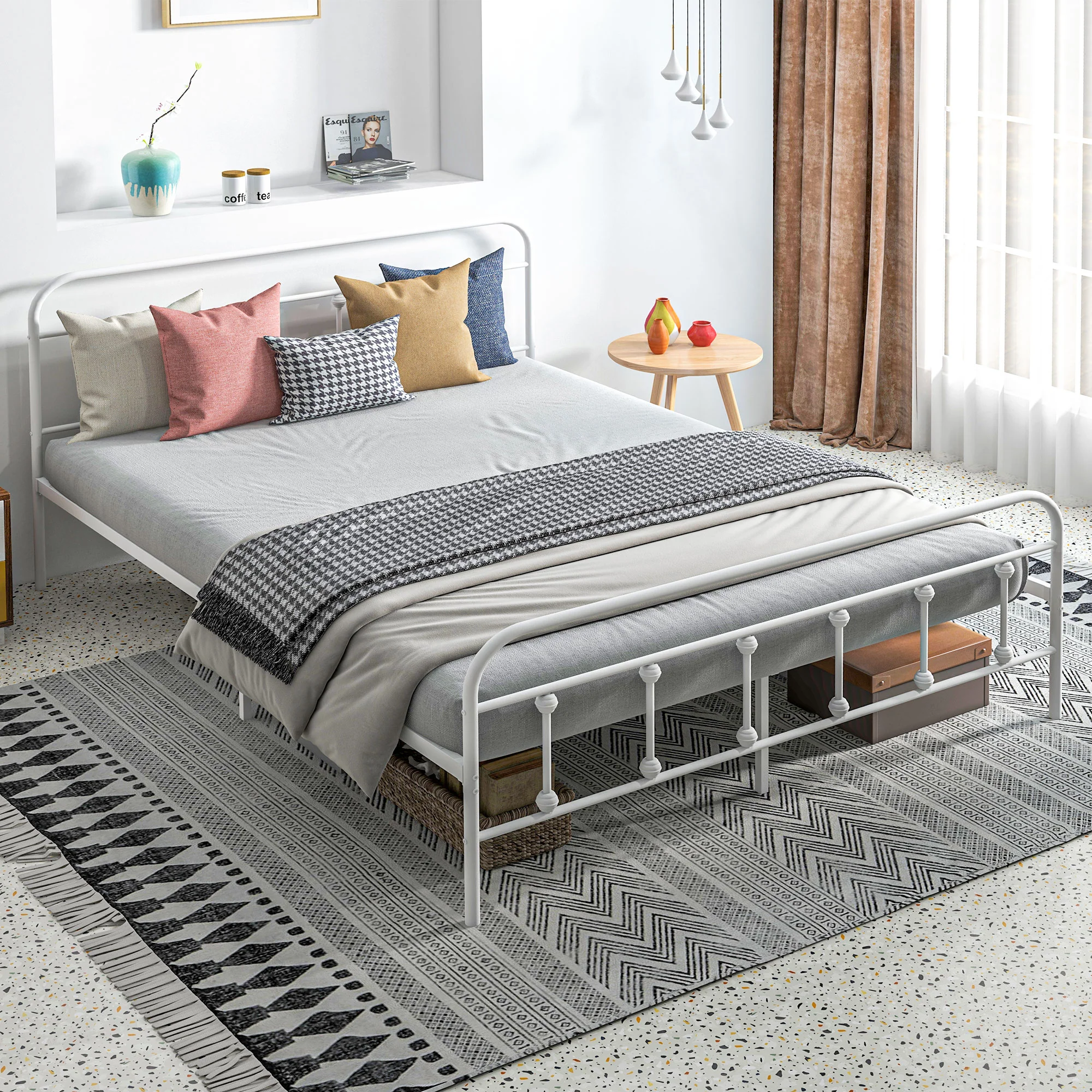 HOMCOM 4ft Metal Double Platform Bed Frame W/ Underbed Storage Headboard White/Black - Image 9