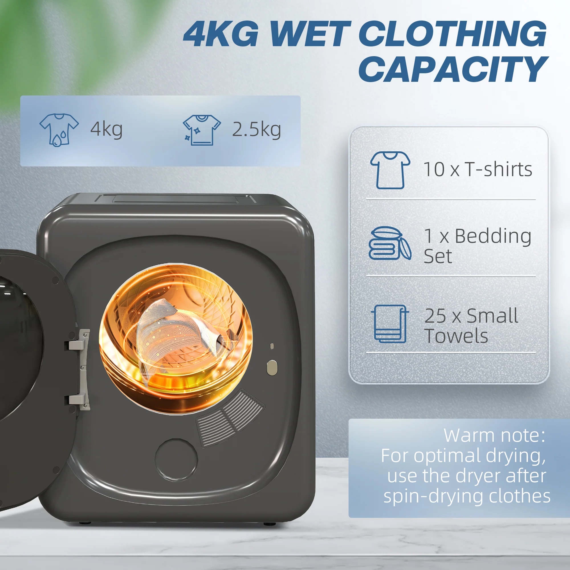 HOMCOM 4kg 800W Vented Tumble Dryer With Deodorize, Smart Mode - Image 13