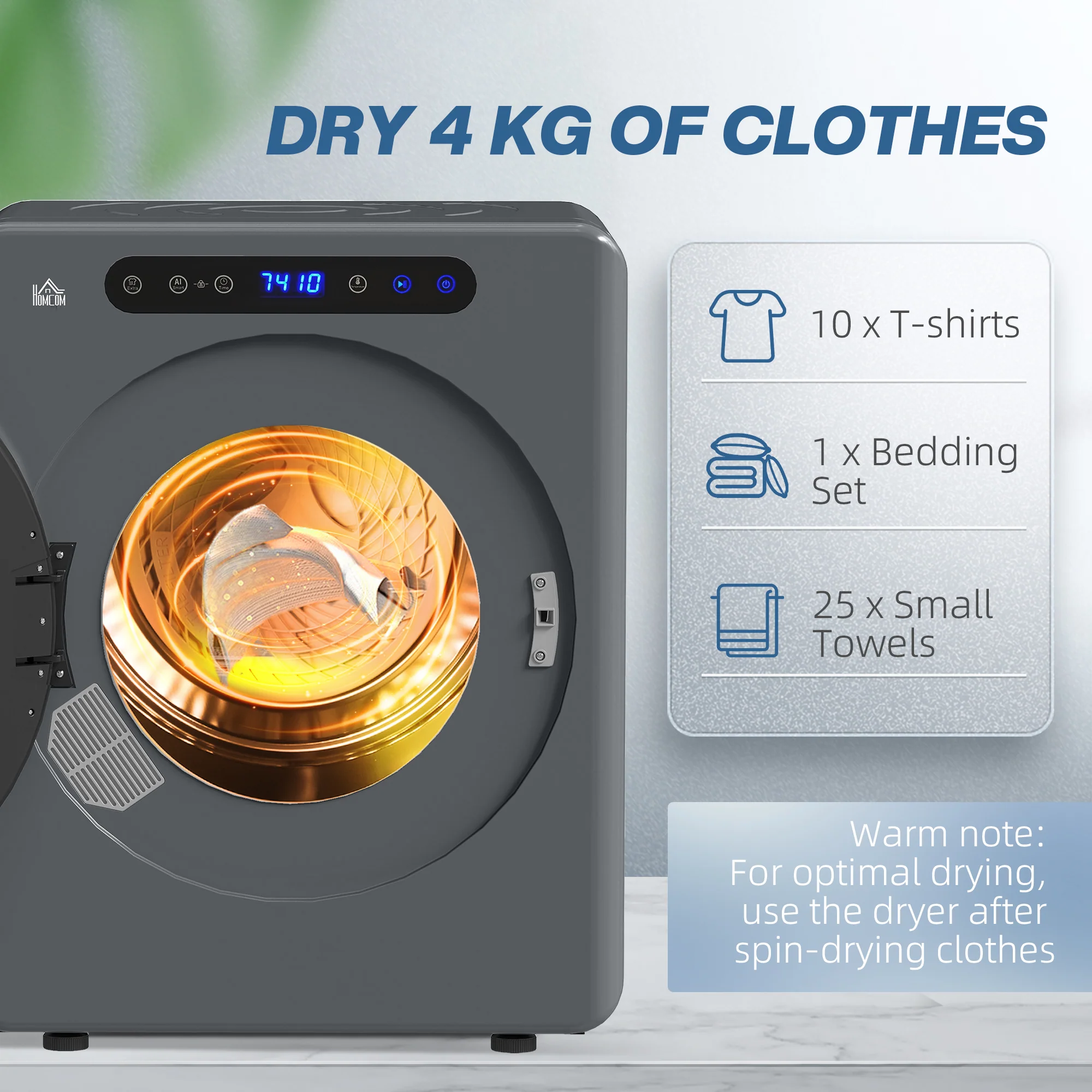 HOMCOM 4kg Portable Vented Tumble Dryer Machine With Timer, 6 Heat Settings - Image 13