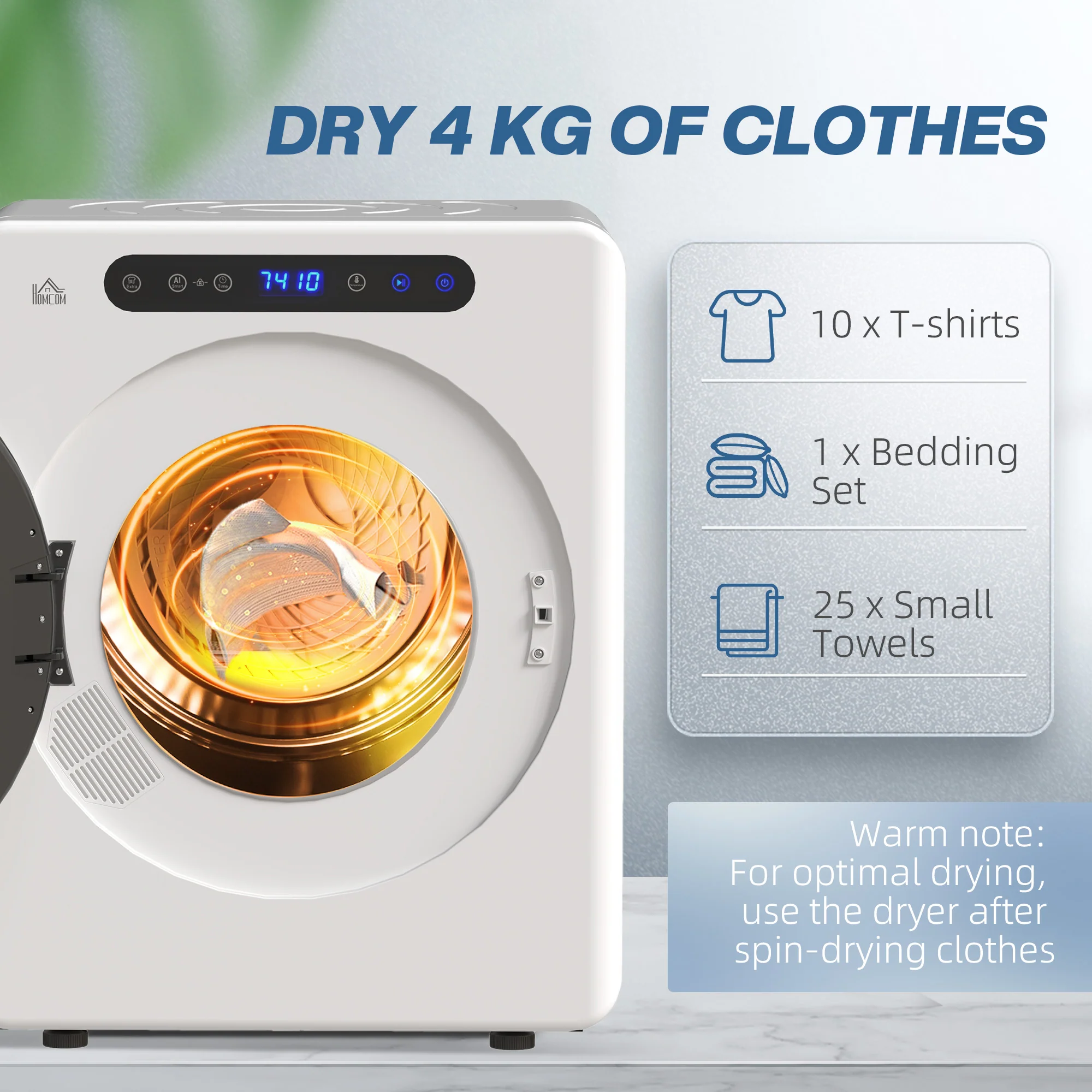 HOMCOM 4kg Portable Vented Tumble Dryer Machine With Timer, 6 Heat Settings - Image 4
