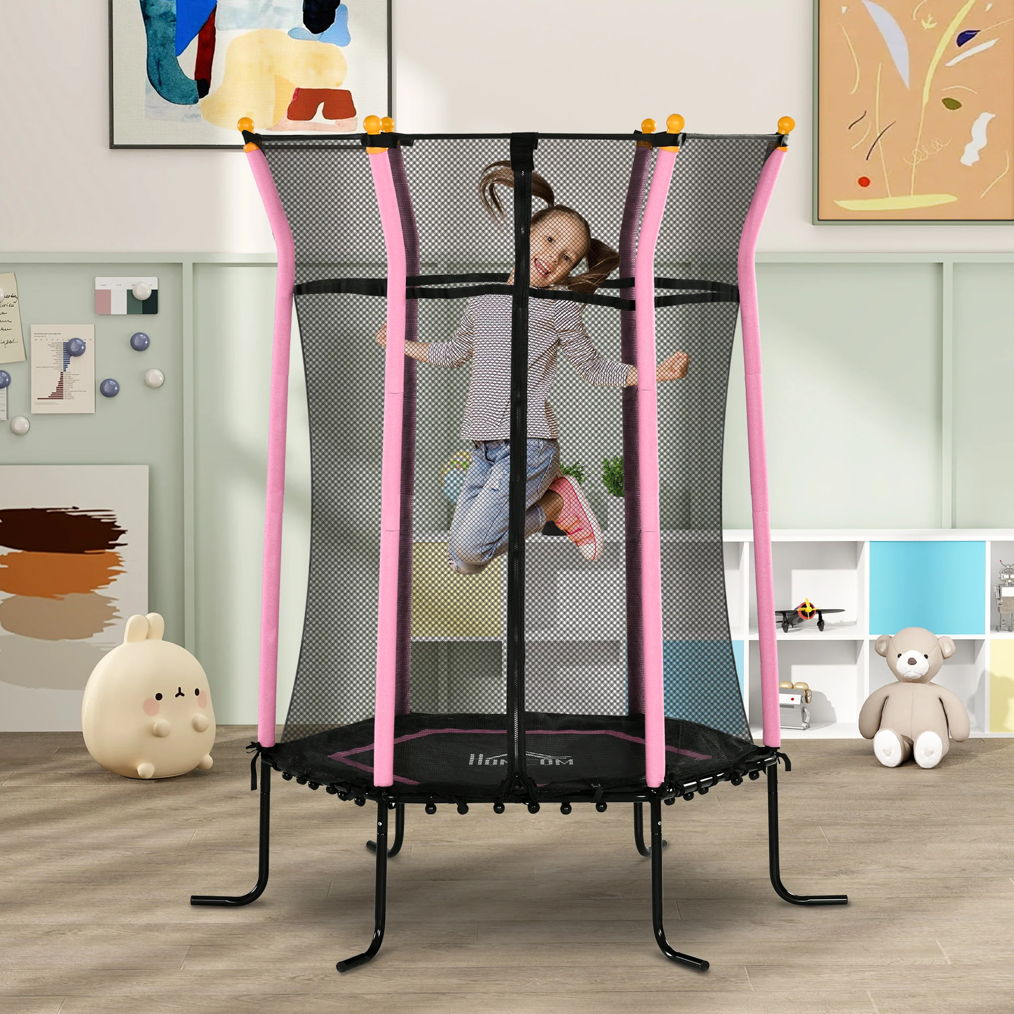 HOMCOM 5.4FT Kids Trampoline With Enclosure Indoor Outdoor, Pink - Image 2