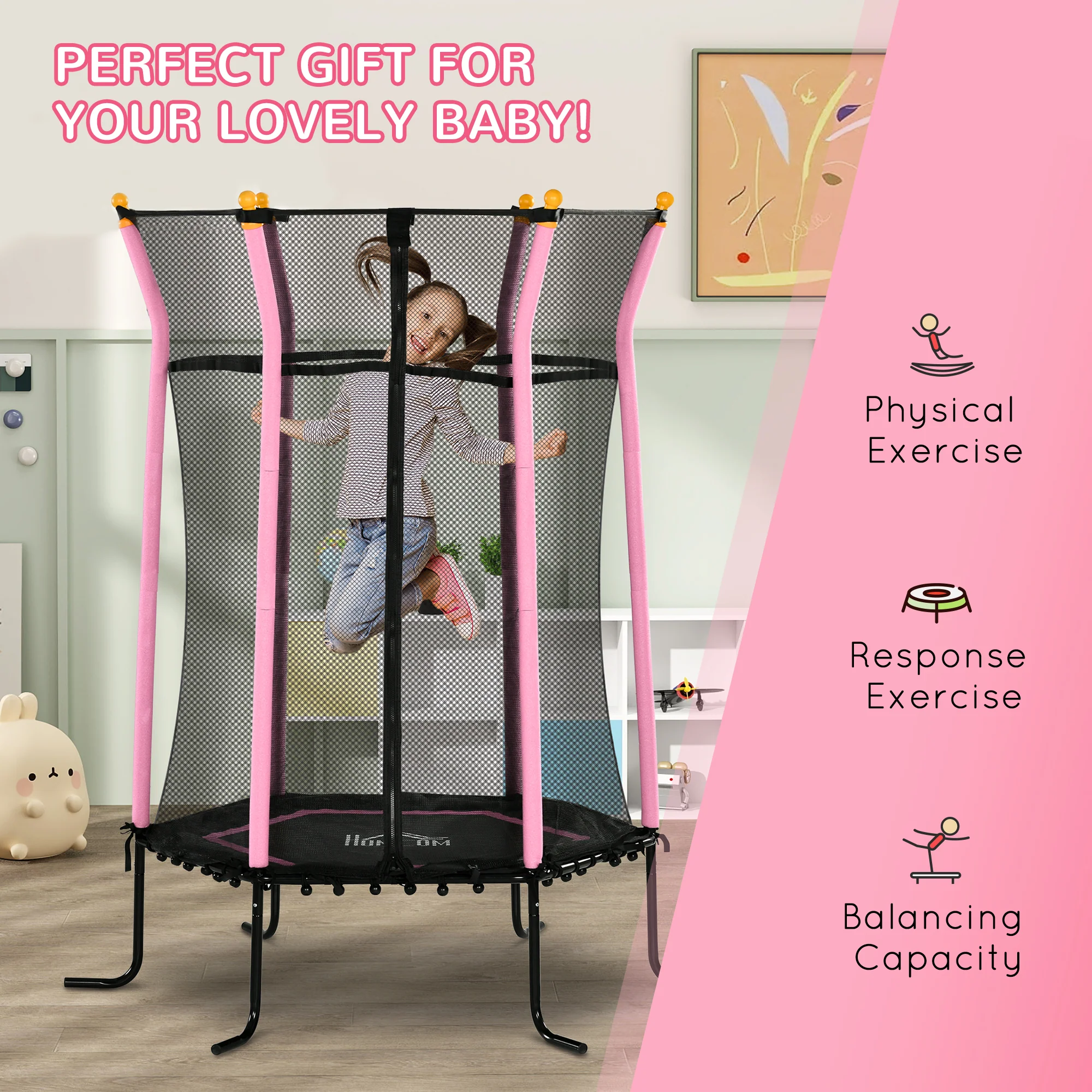 HOMCOM 5.4FT Kids Trampoline With Enclosure Indoor Outdoor, Pink - Image 7