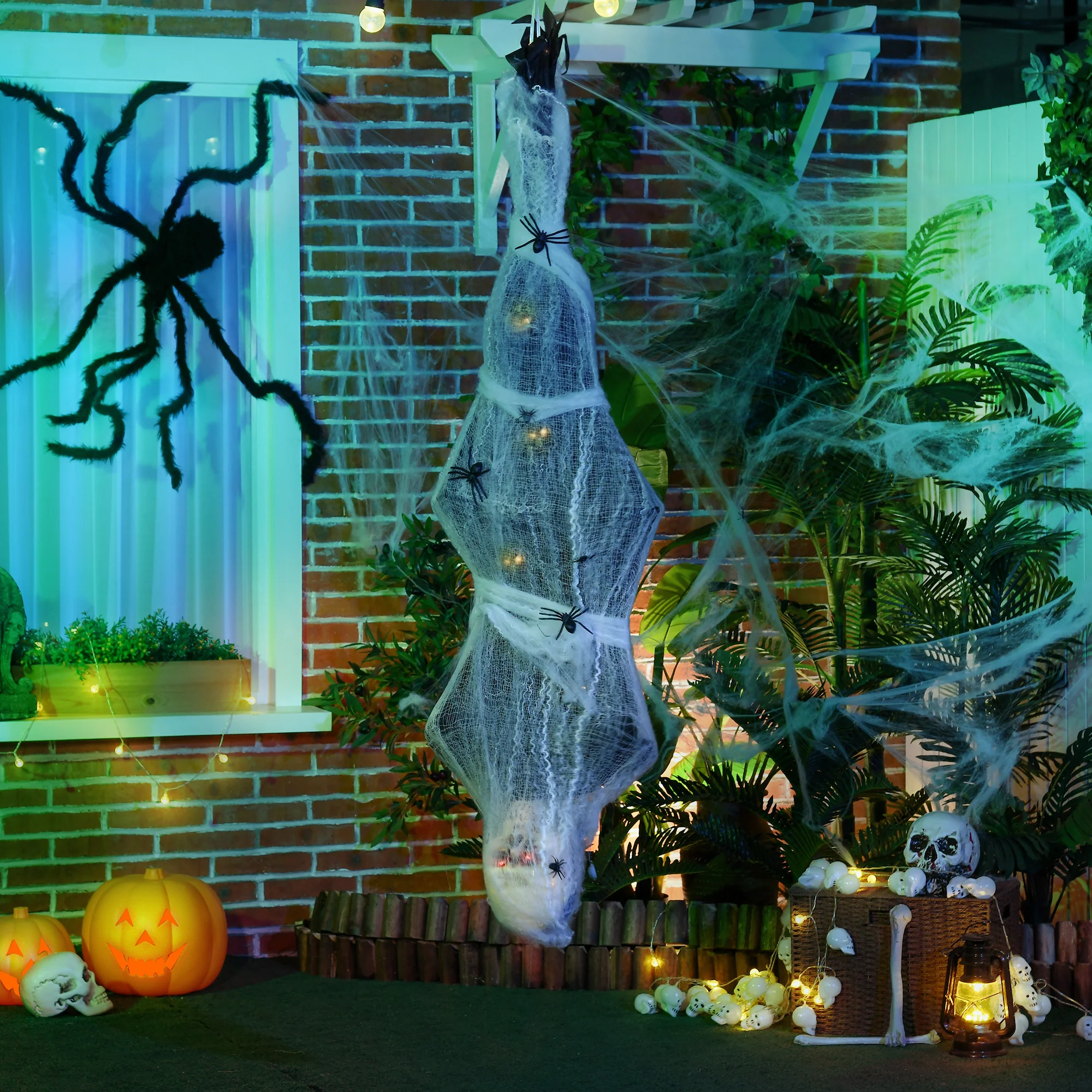 HOMCOM 5.5ft Animated Halloween Decoration Hanging Mummy with Spider Web - Image 2