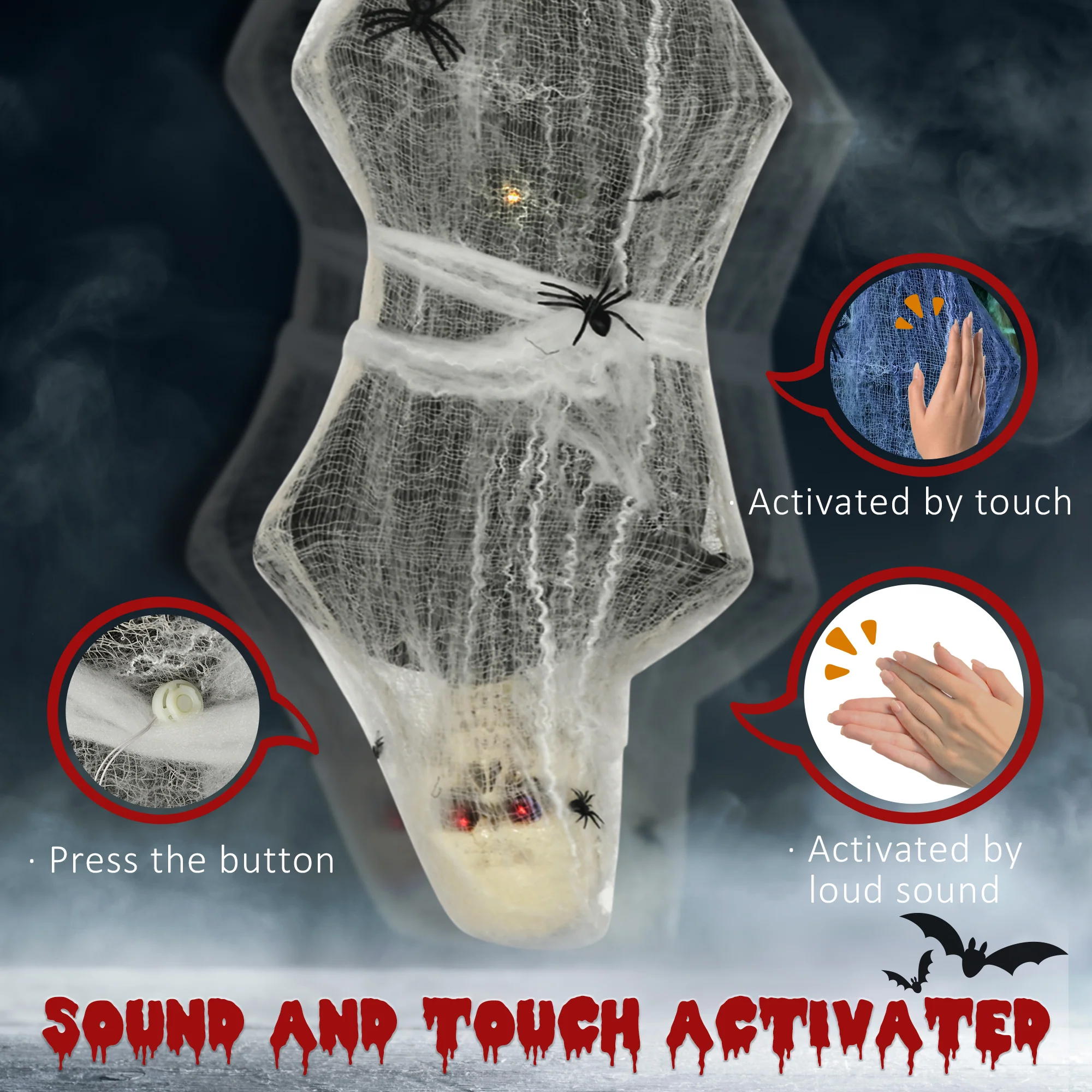 HOMCOM 5.5ft Animated Halloween Decoration Hanging Mummy with Spider Web - Image 6