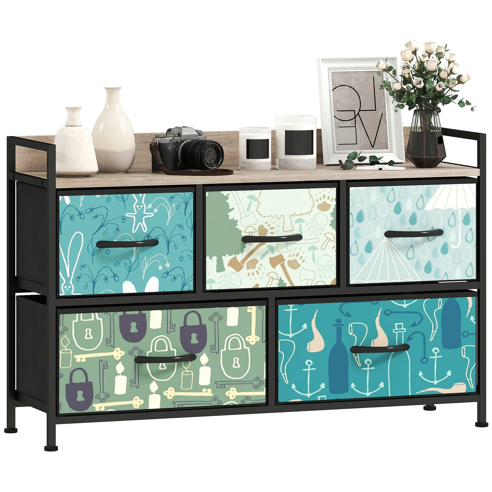 HOMCOM 5-Drawer Chest Of Drawers, Fabric Dresser With Open Shelf