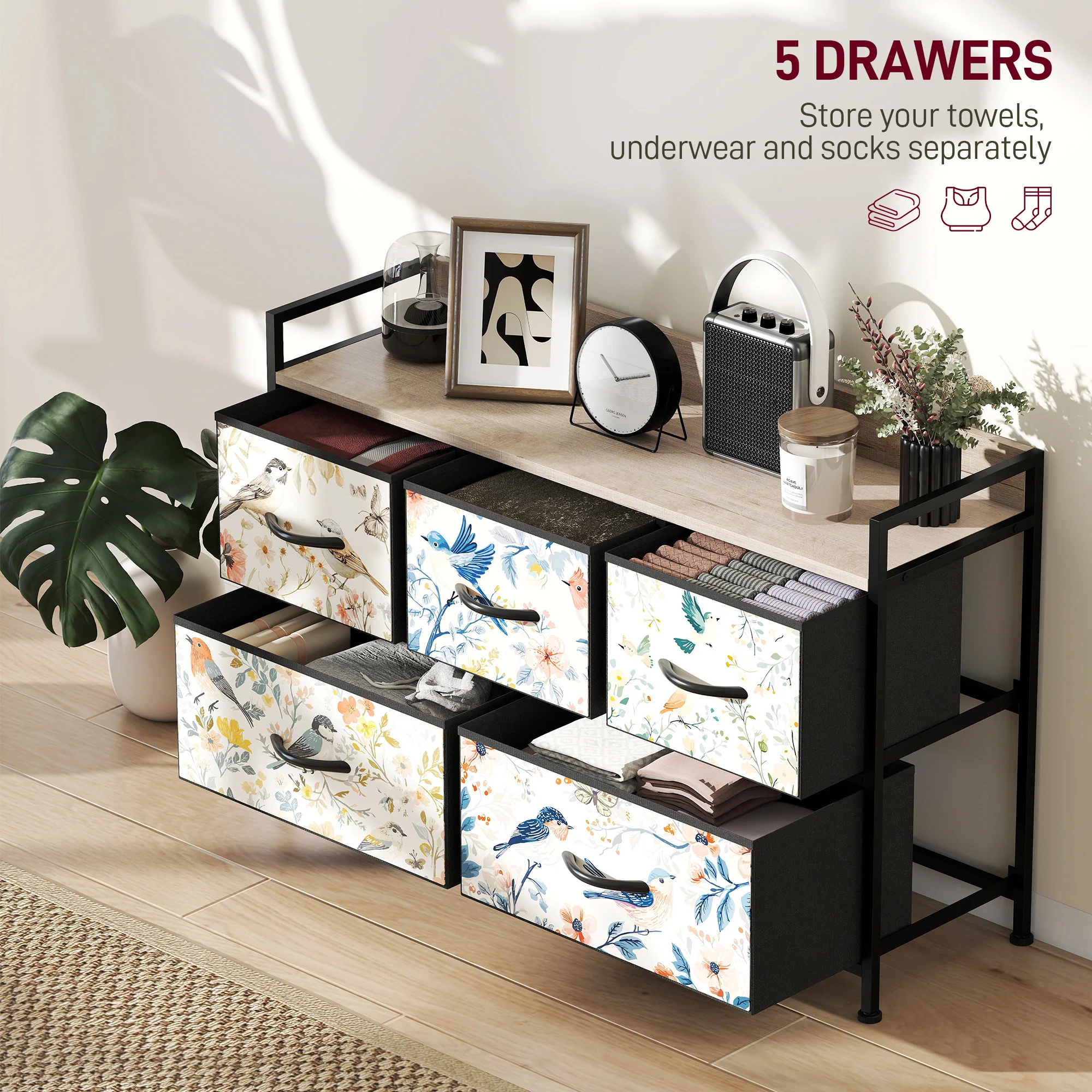 HOMCOM 5-Drawer Chest Of Drawers, Fabric Dresser With Open Shelf - Image 12