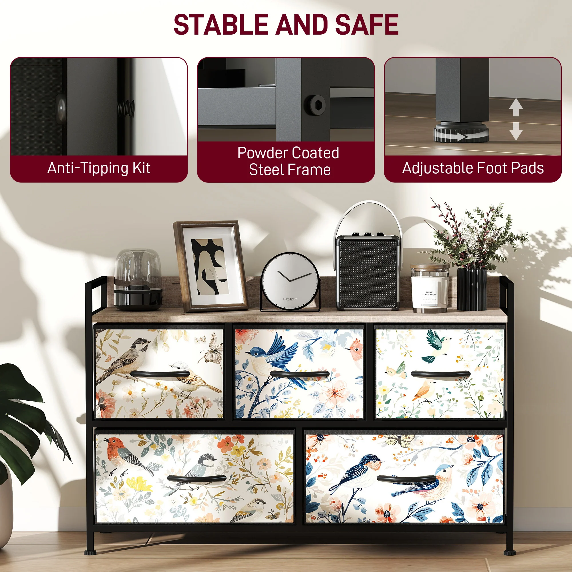 HOMCOM 5-Drawer Chest Of Drawers, Fabric Dresser With Open Shelf - Image 16