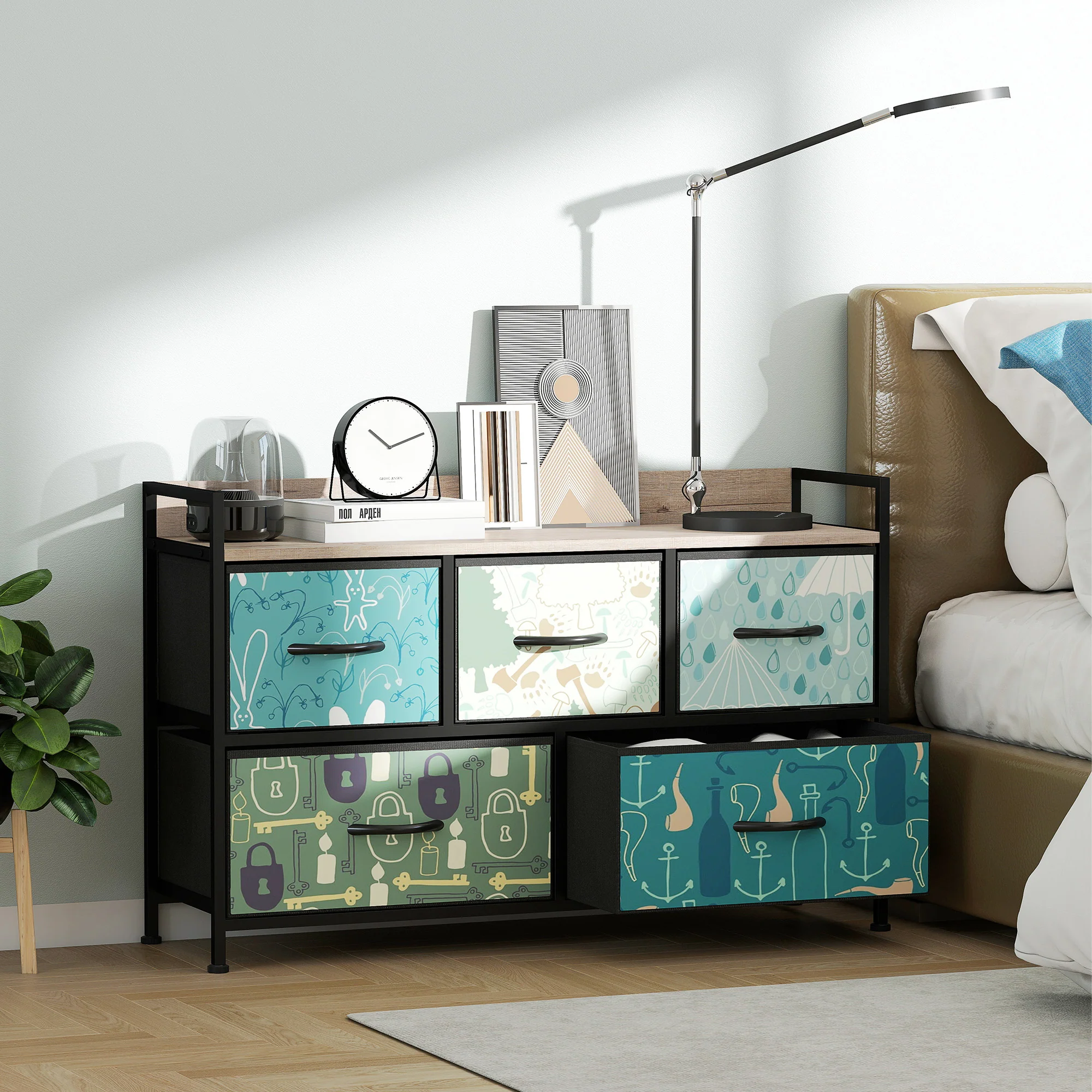 HOMCOM 5-Drawer Chest Of Drawers, Fabric Dresser With Open Shelf - Image 2