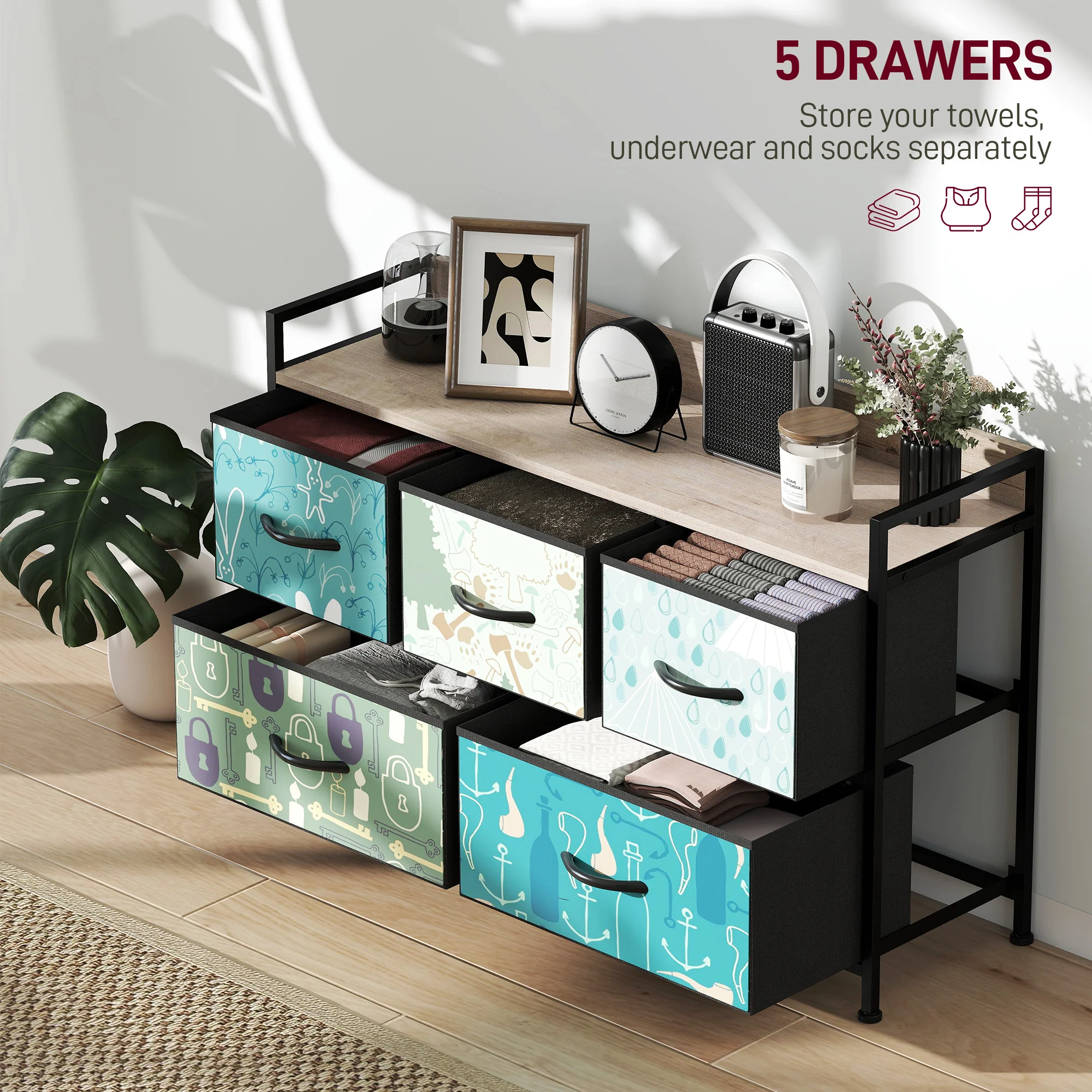 HOMCOM 5-Drawer Chest Of Drawers, Fabric Dresser With Open Shelf - Image 3