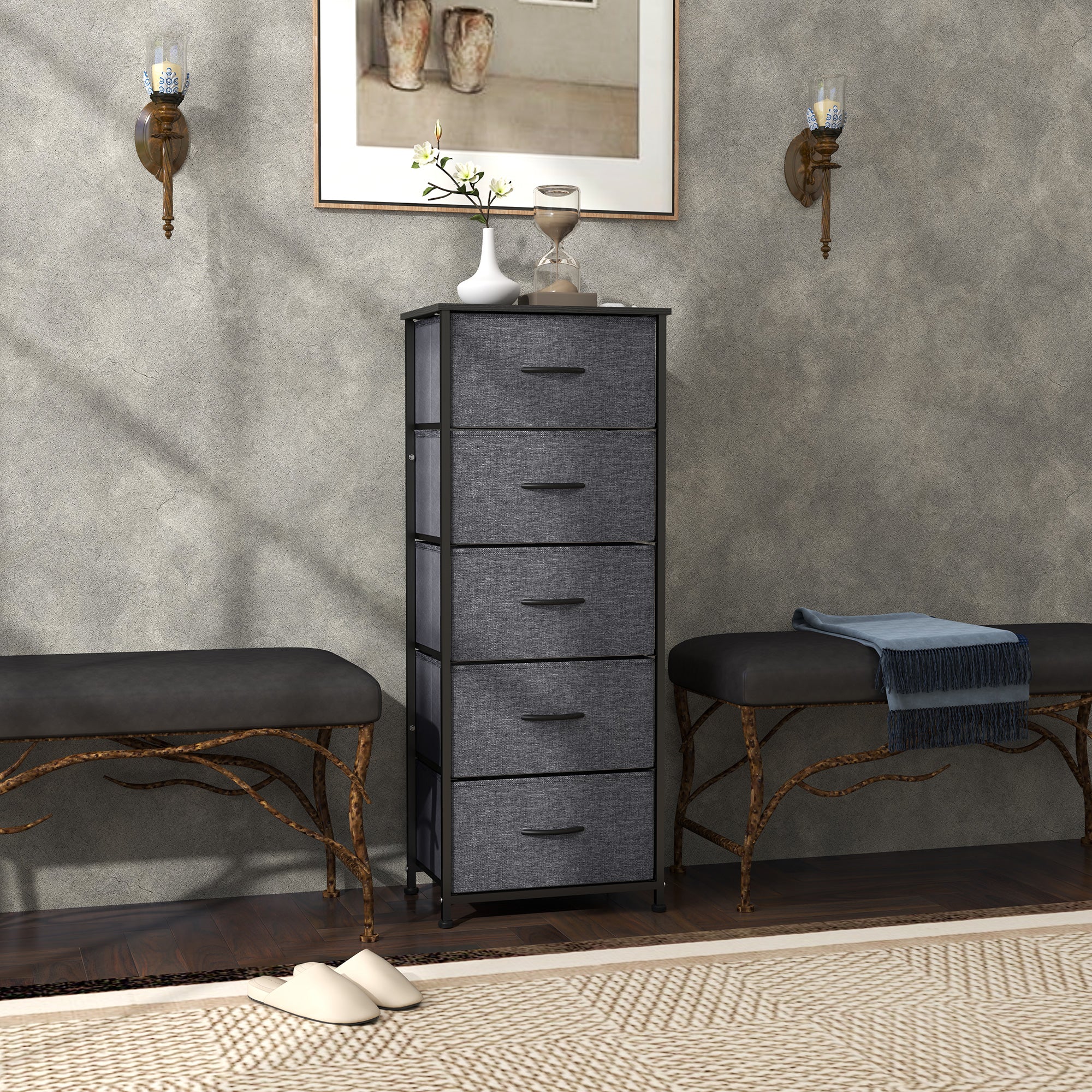 HOMCOM 5 Drawer Fabric Chest of Drawers w/ Wooden Top for Hallway - Image 2