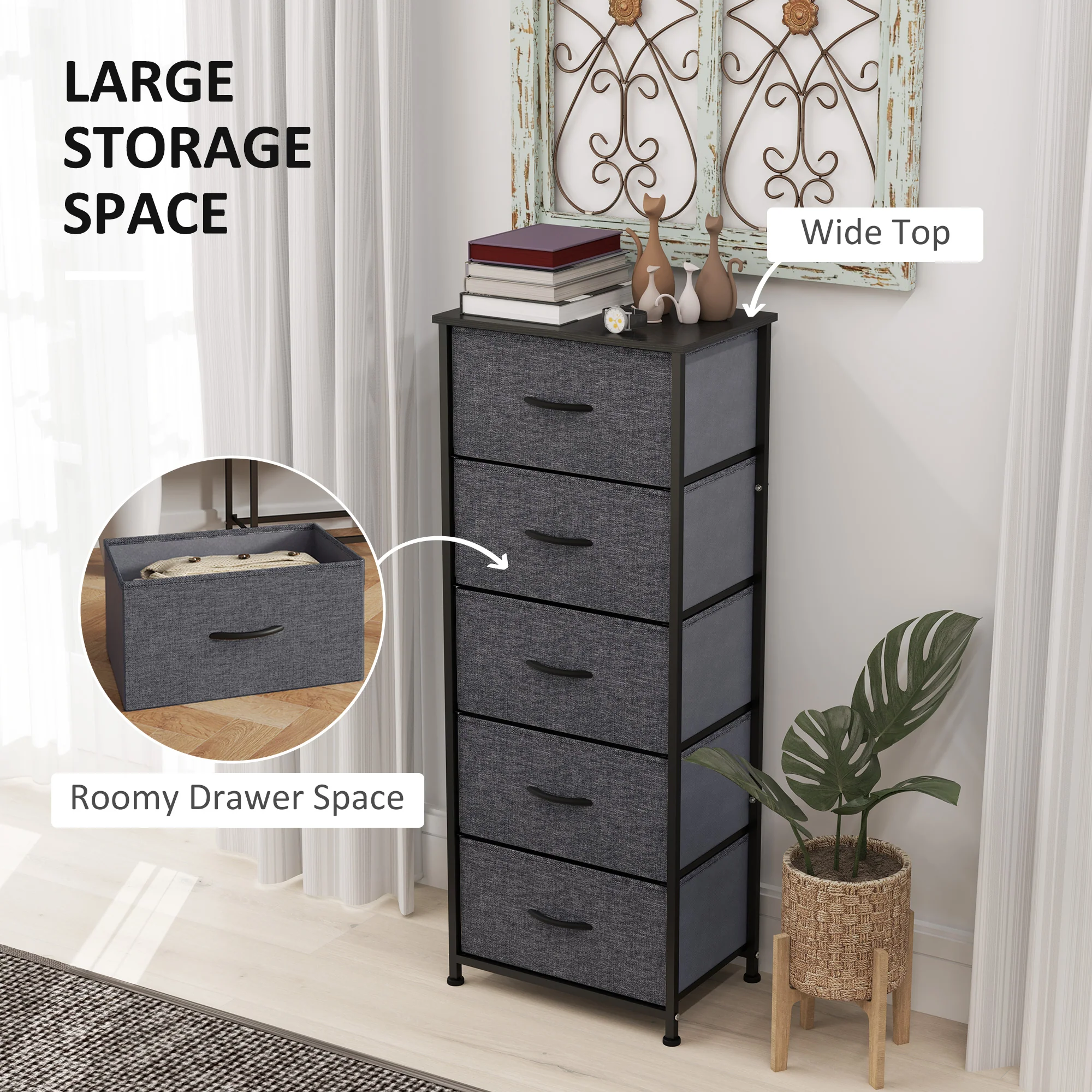 HOMCOM 5 Drawer Fabric Chest of Drawers w/ Wooden Top for Hallway - Image 3