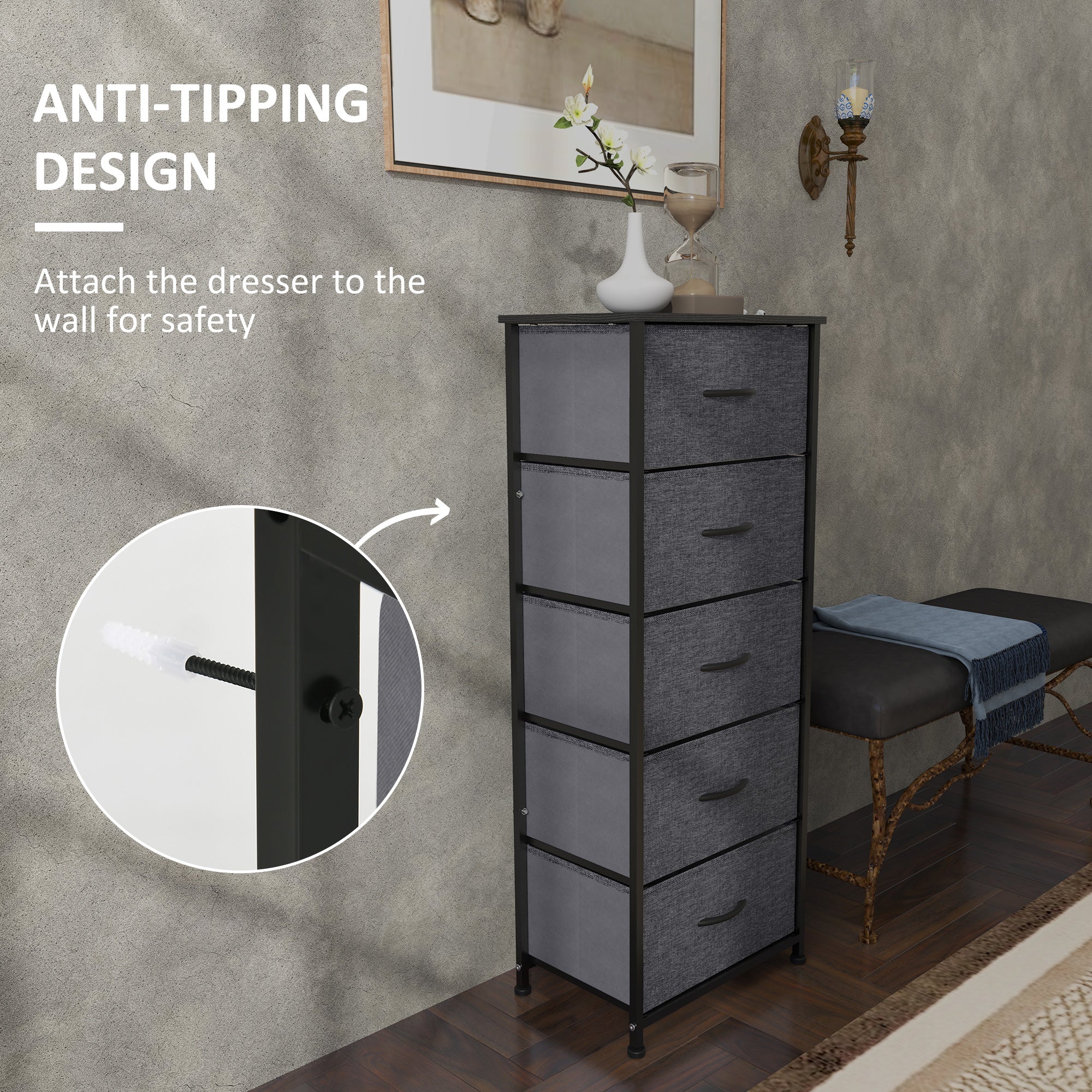 HOMCOM 5 Drawer Fabric Chest of Drawers w/ Wooden Top for Hallway - Image 4