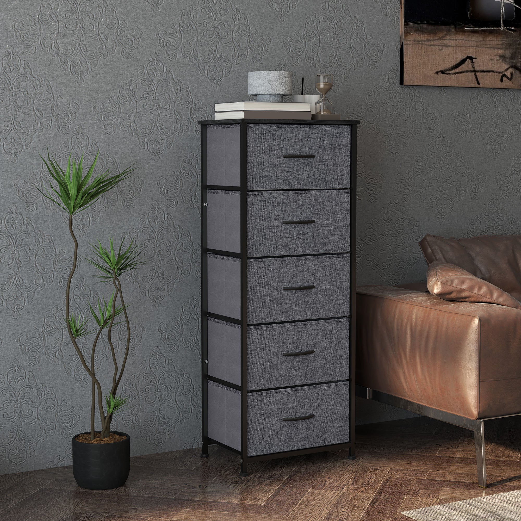 HOMCOM 5 Drawer Fabric Chest of Drawers w/ Wooden Top for Hallway - Image 7