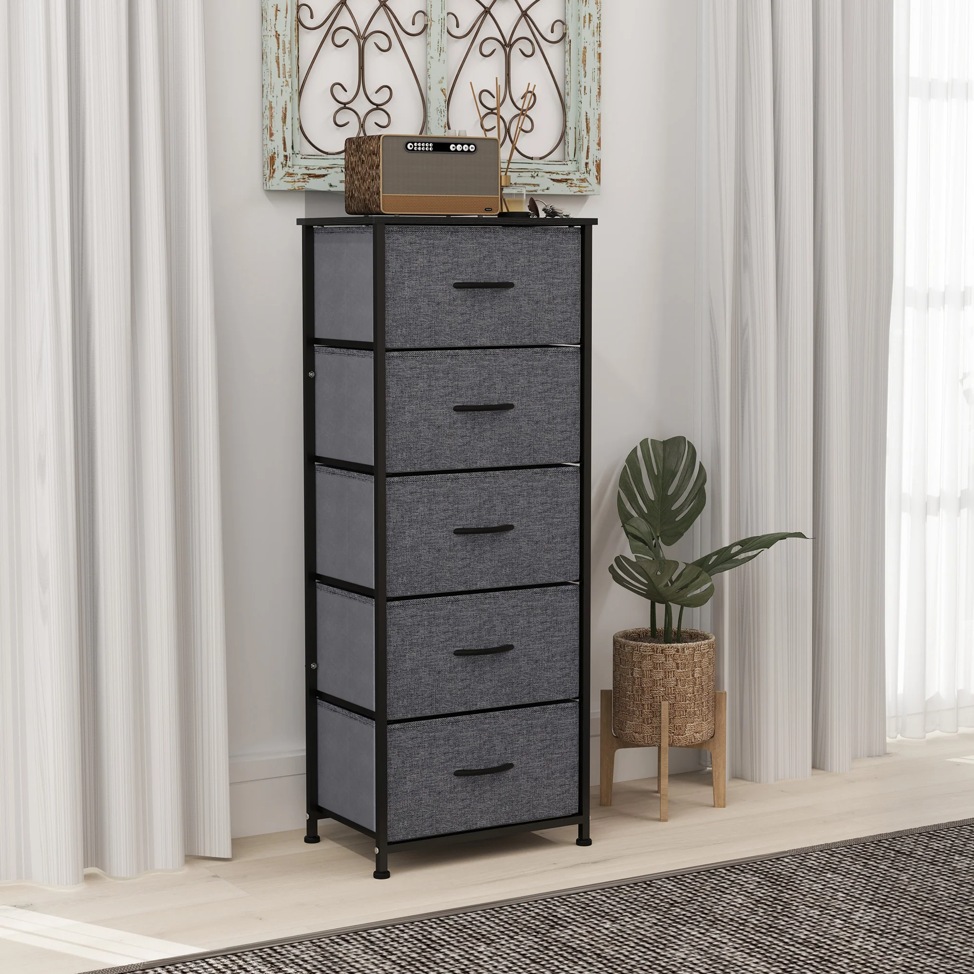 HOMCOM 5 Drawer Fabric Chest of Drawers w/ Wooden Top for Hallway - Image 8