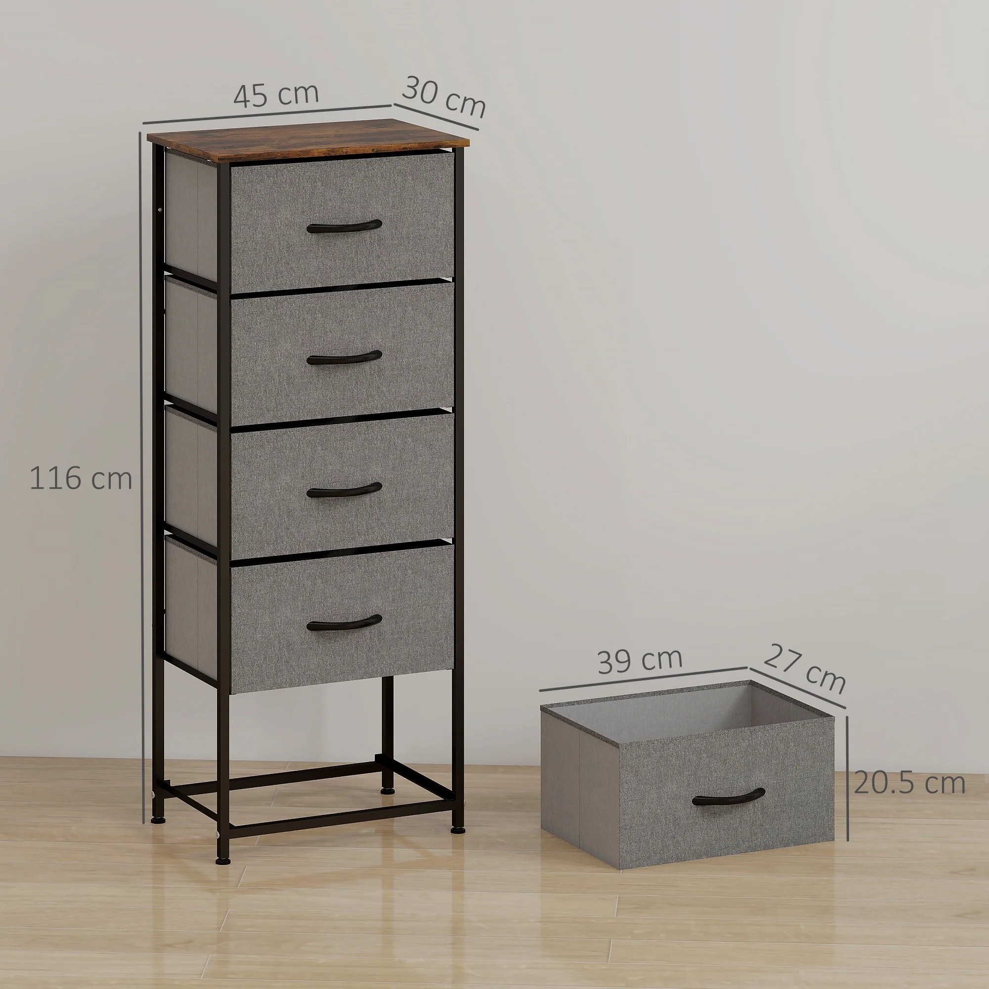 HOMCOM 5 Drawer Fabric Chest of Drawers with Wooden Top, Rustic Brown - Image 5