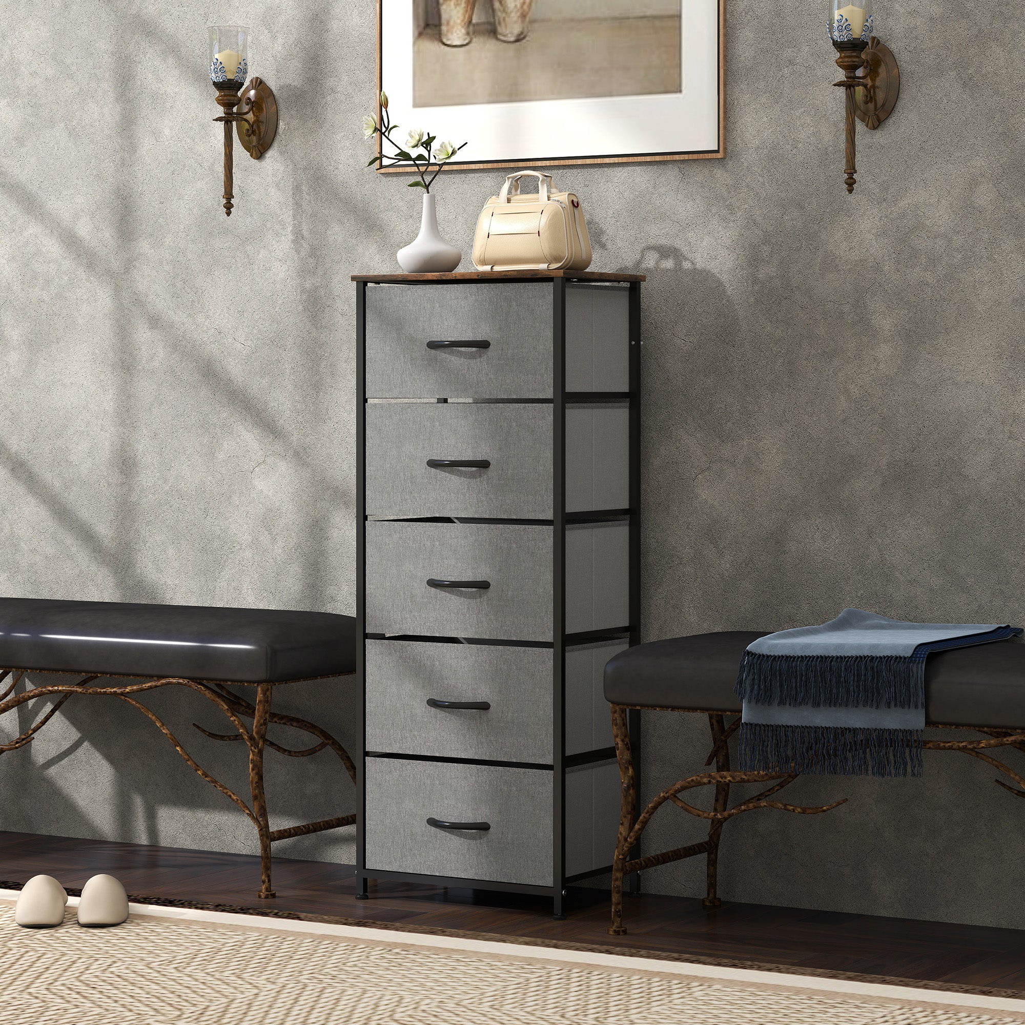 HOMCOM 5 Drawer Fabric Chest of Drawers with Wooden Top, Rustic Brown - Image 9