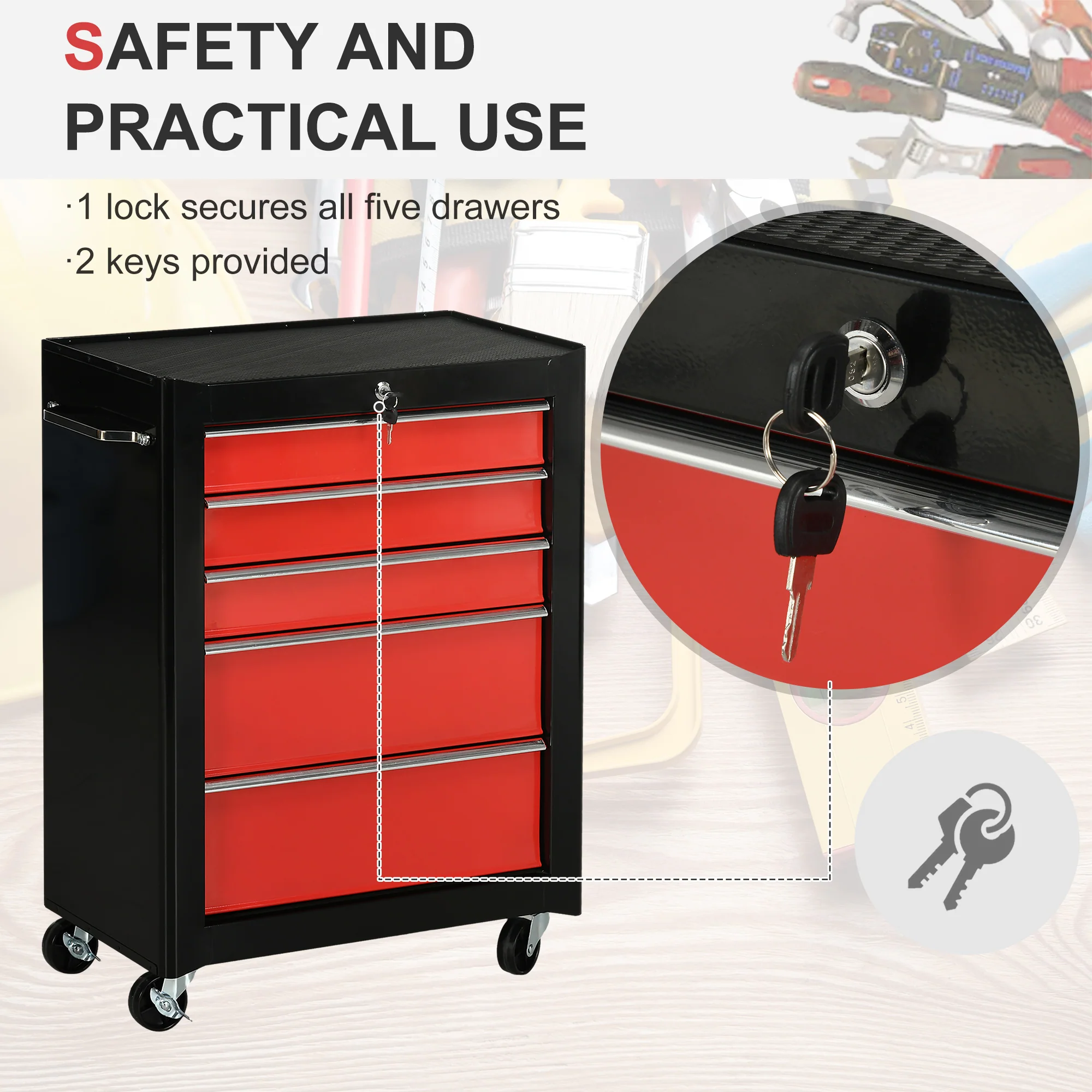 HOMCOM 5-Drawer Lockable Steel Tool Storage Cabinet Wheels Handle 2 Keys Red - Image 3