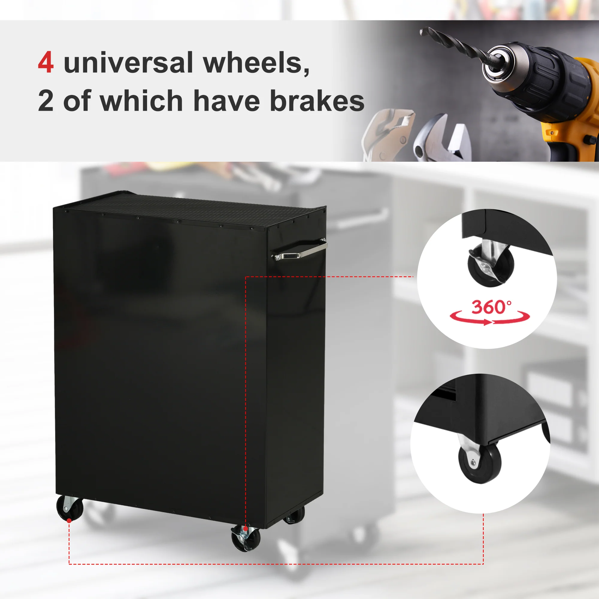 HOMCOM 5-Drawer Lockable Steel Tool Storage Cabinet Wheels Handle 2 Keys Red - Image 4
