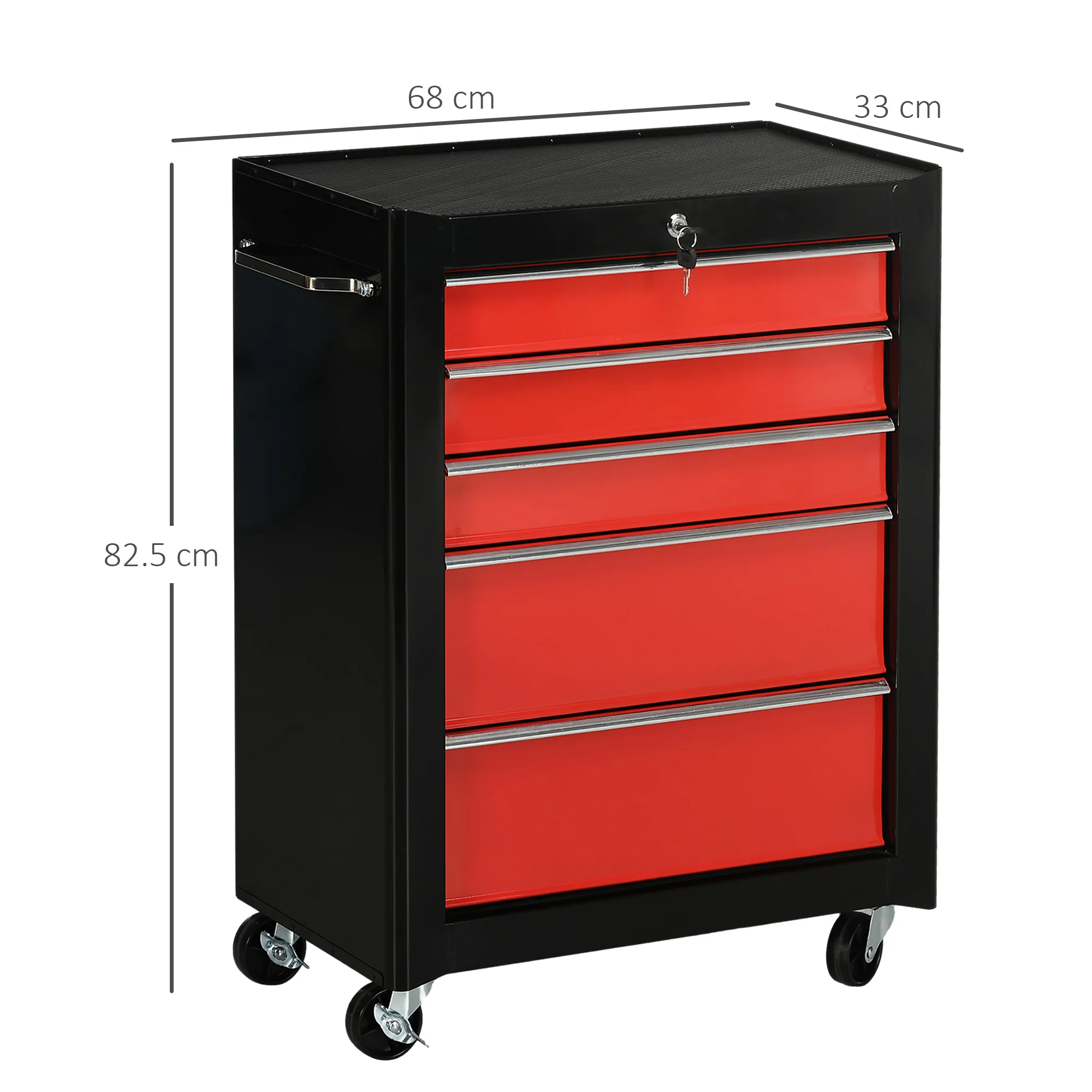 HOMCOM 5-Drawer Lockable Steel Tool Storage Cabinet Wheels Handle 2 Keys Red - Image 5