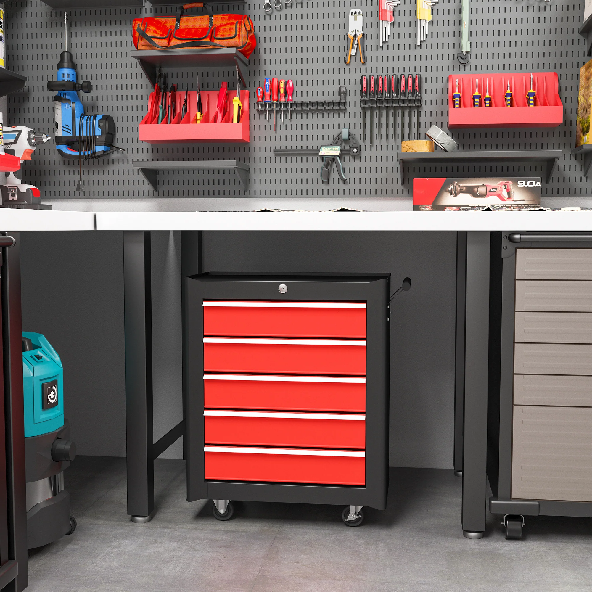HOMCOM 5-Drawer Tool Chest Steel Lockable Tool Storage Cabinet W/ Wheels Red - Image 2