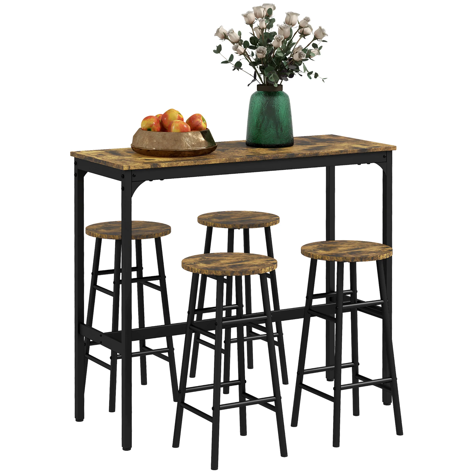 HOMCOM 5 Piece Bar Set, Industrial Kitchen And Chair Set Rustic Brown