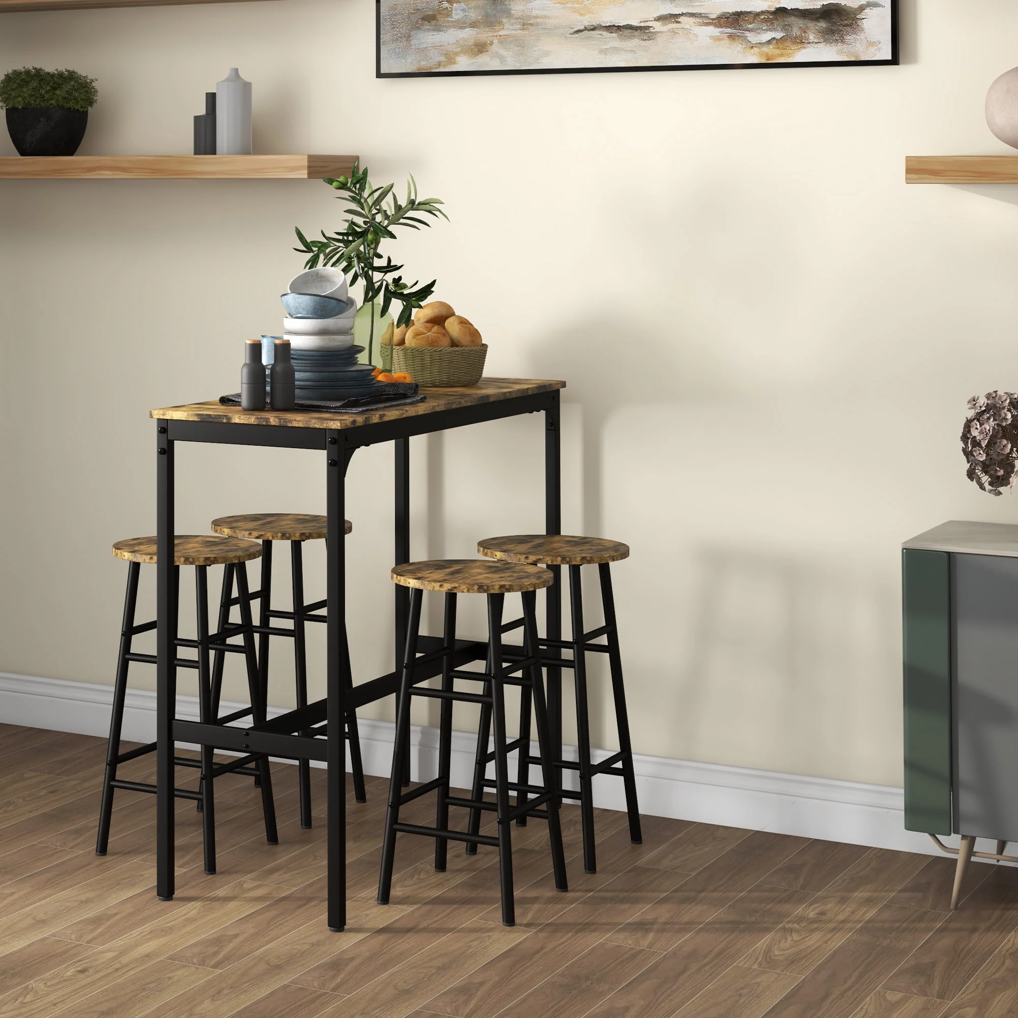 HOMCOM 5 Piece Bar Set, Industrial Kitchen And Chair Set Rustic Brown - Image 2