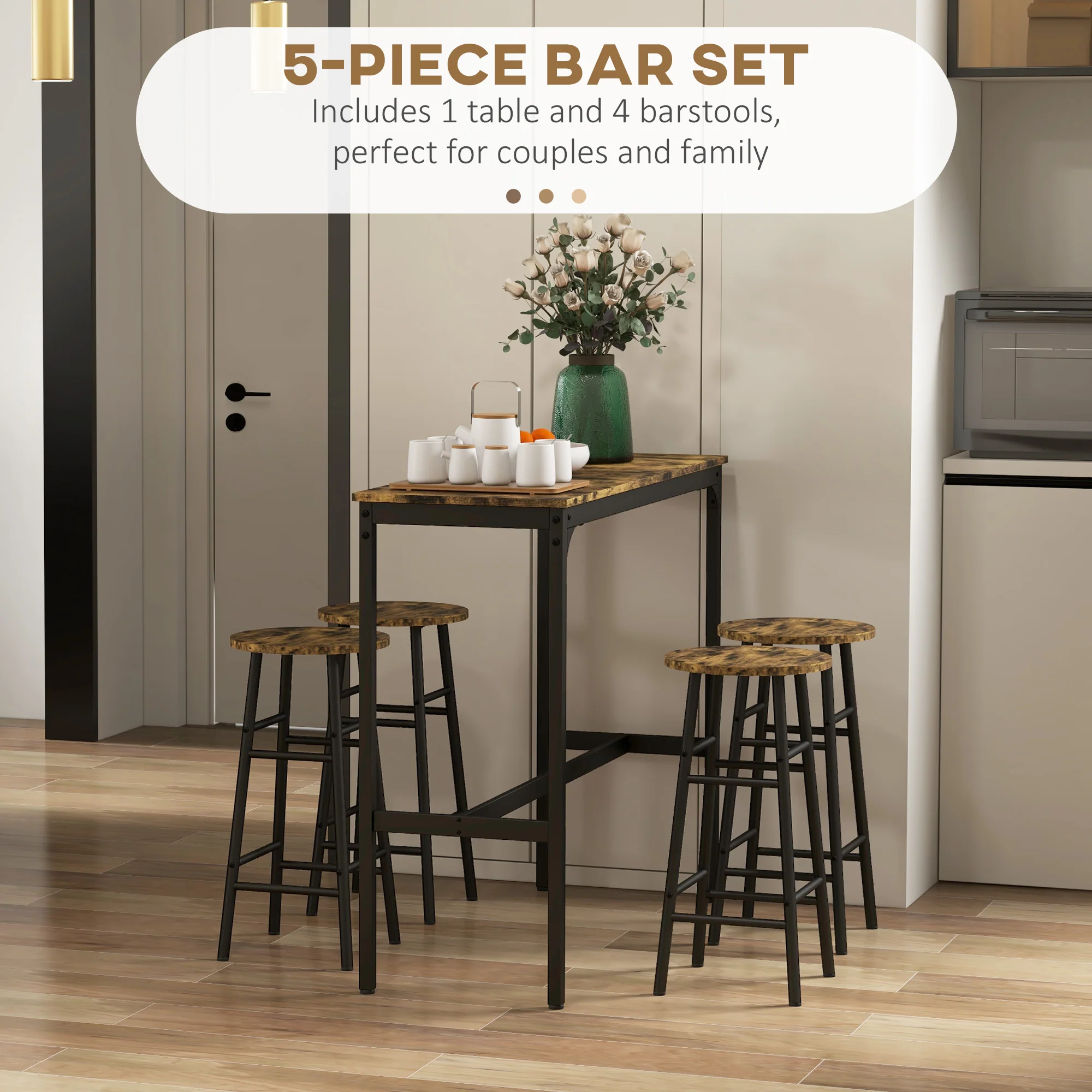 HOMCOM 5 Piece Bar Set, Industrial Kitchen And Chair Set Rustic Brown - Image 3