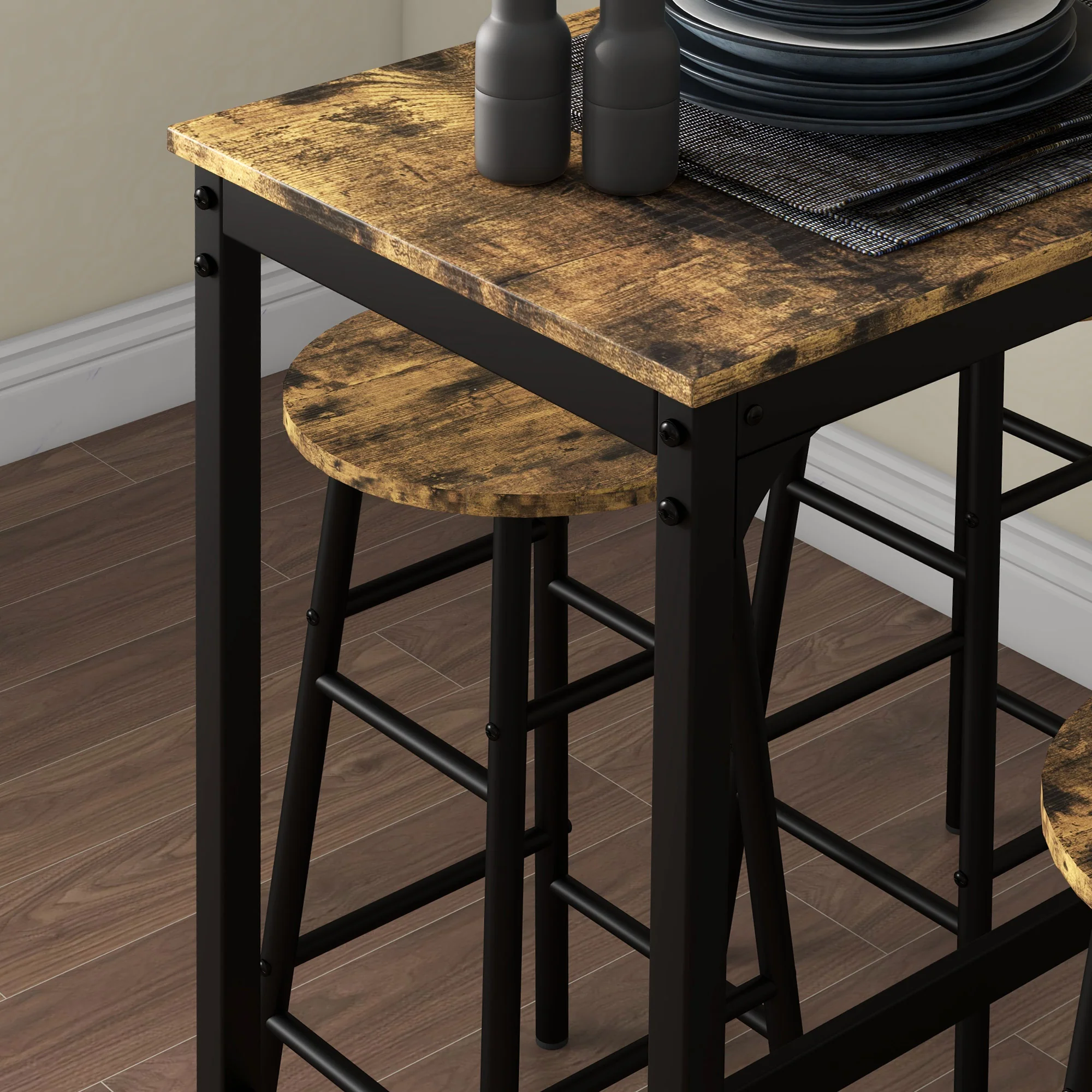 HOMCOM 5 Piece Bar Set, Industrial Kitchen And Chair Set Rustic Brown - Image 7