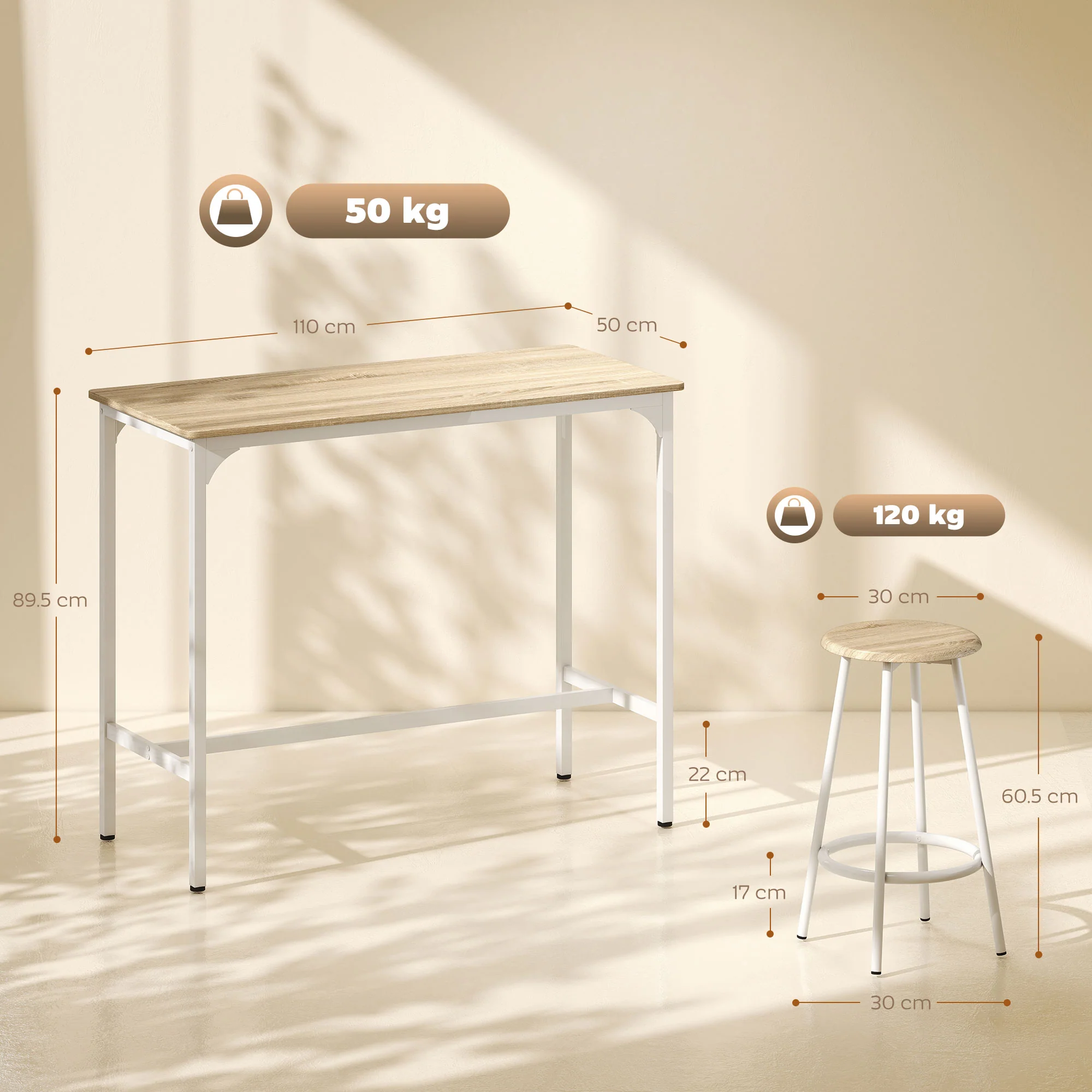 HOMCOM 5 Piece Bar Table And Stools Set With Metal Frame Natural Wood - Image 3