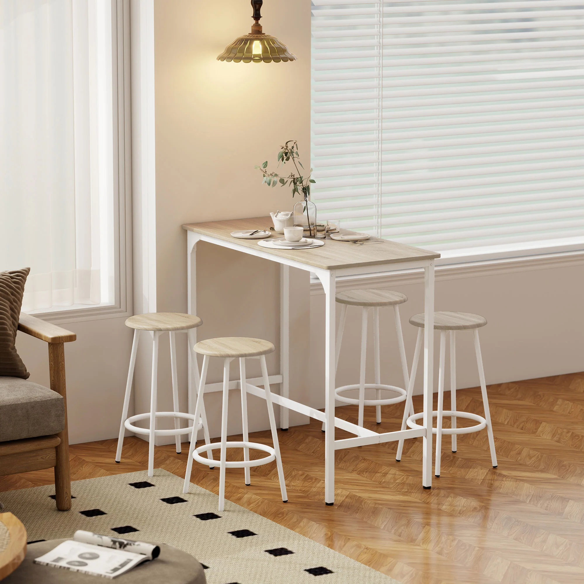 HOMCOM 5 Piece Bar Table And Stools Set With Metal Frame Natural Wood - Image 9