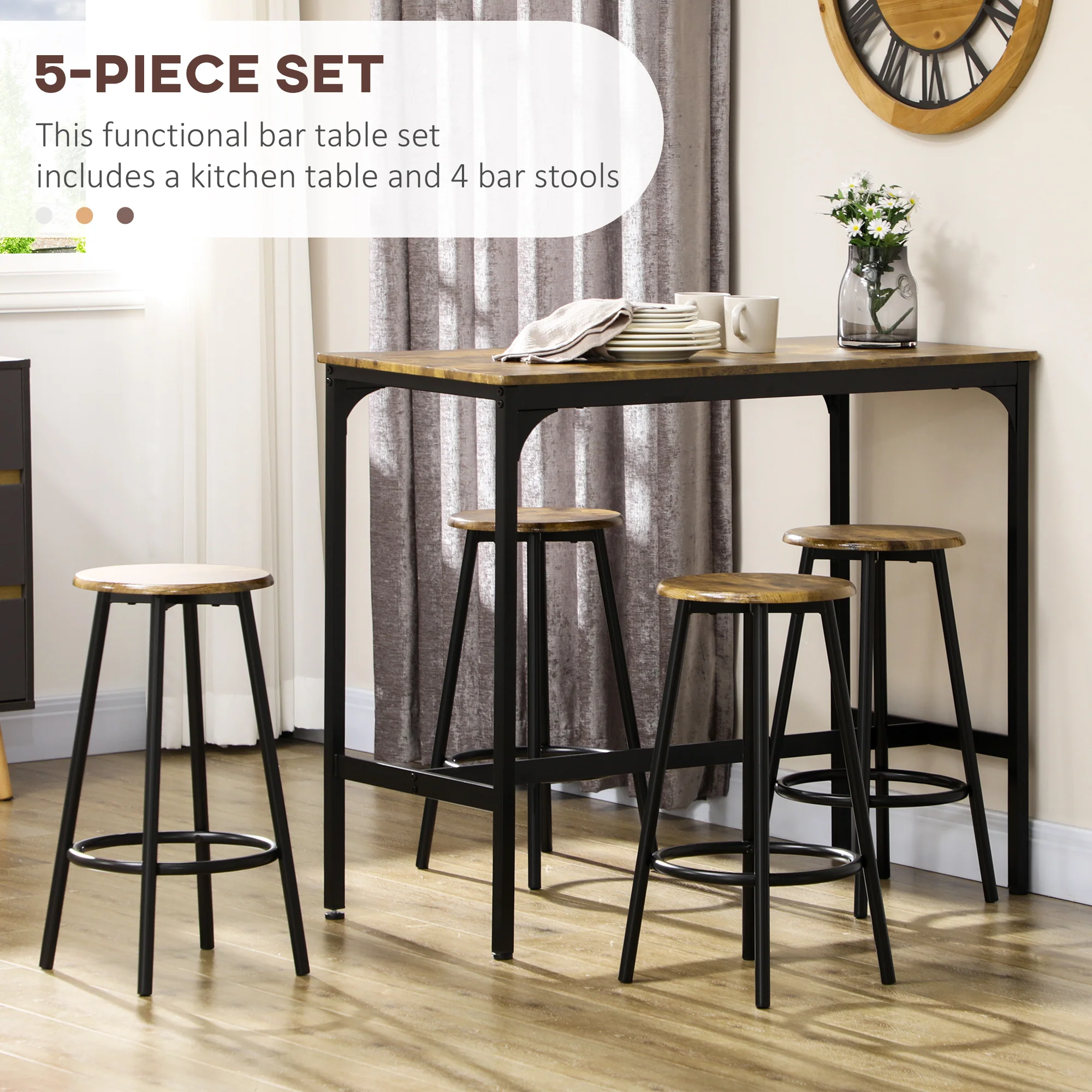 HOMCOM 5 Piece Brown Bar Table And Stools Set With Metal Frame Rustic - Image 3