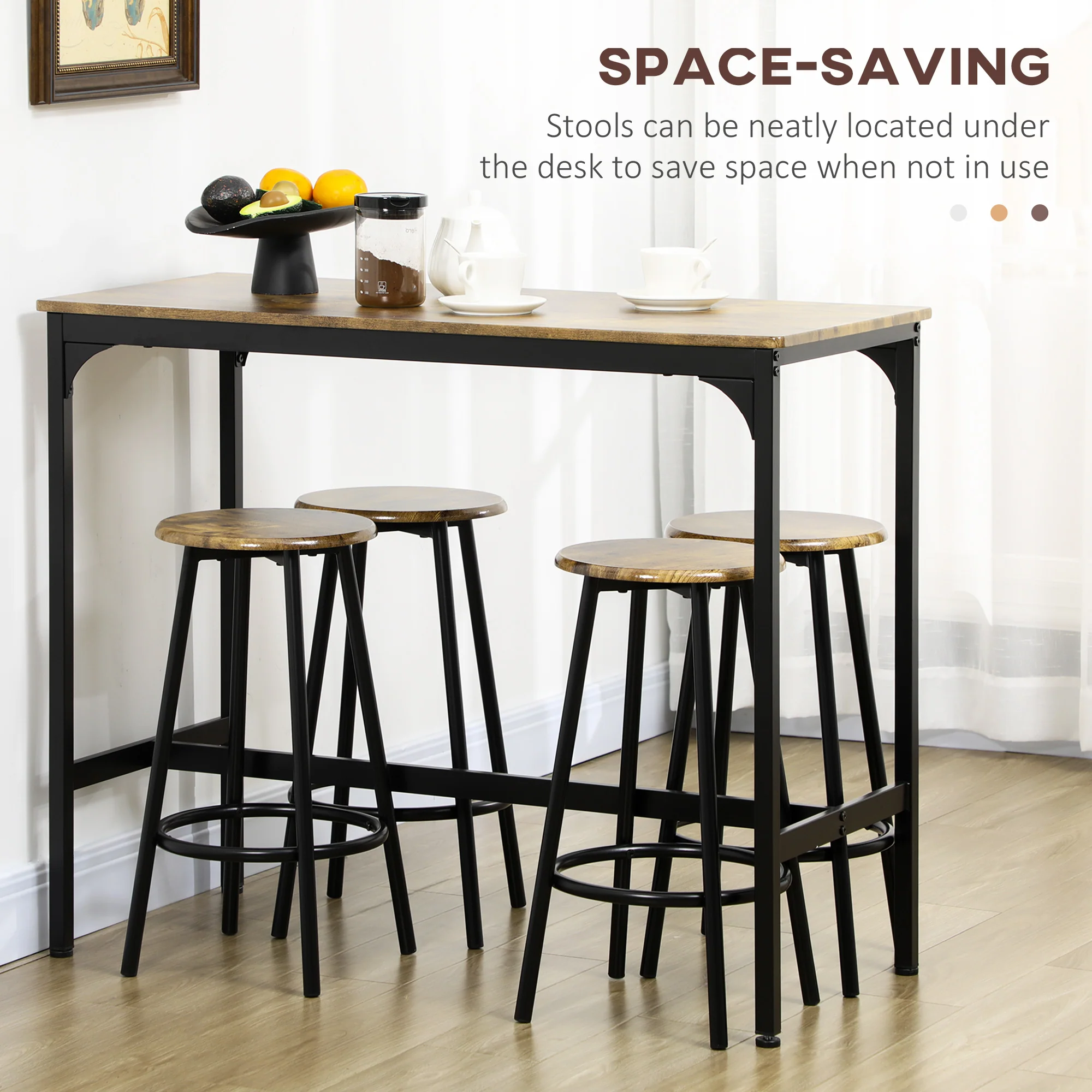 HOMCOM 5 Piece Brown Bar Table And Stools Set With Metal Frame Rustic - Image 4