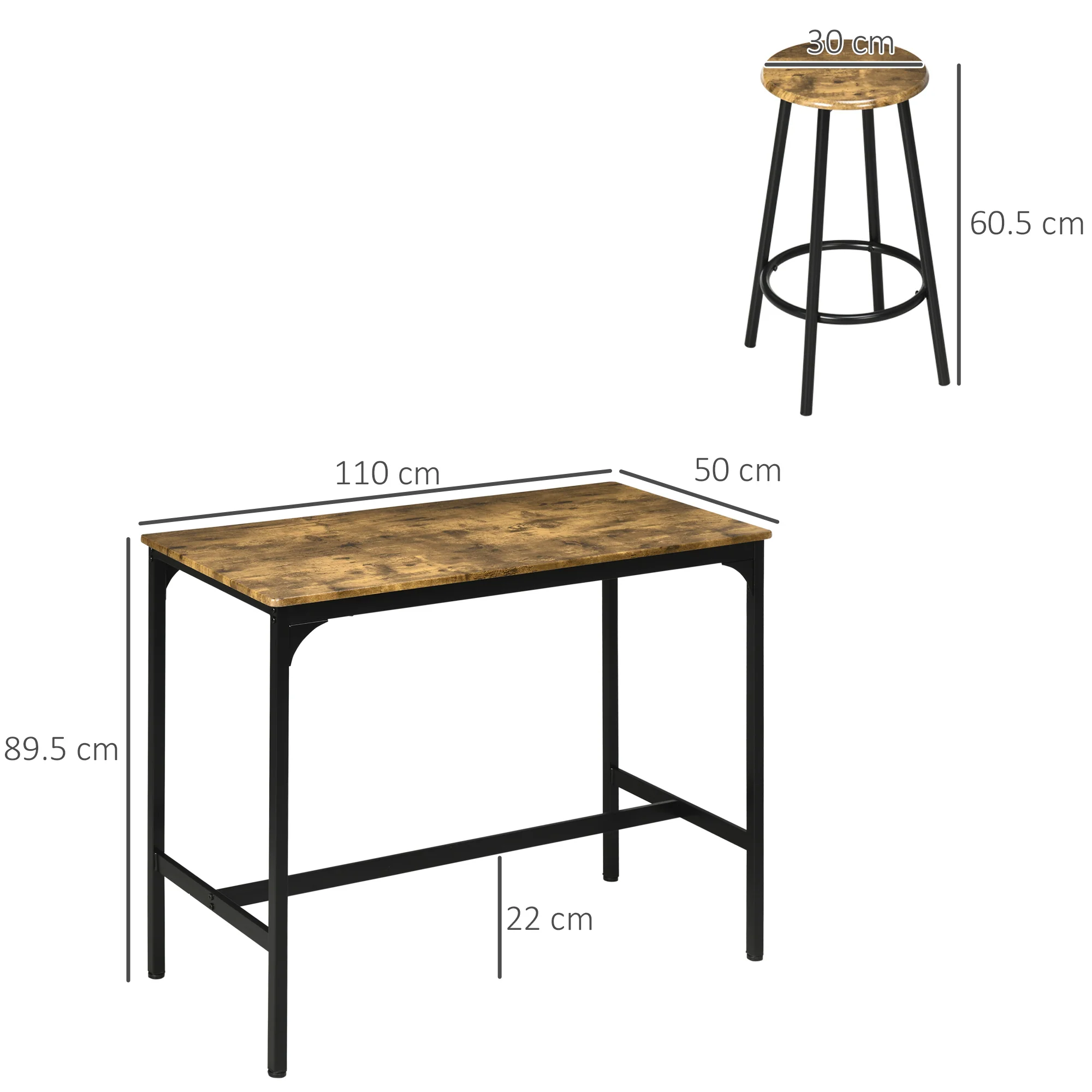 HOMCOM 5 Piece Brown Bar Table And Stools Set With Metal Frame Rustic - Image 5