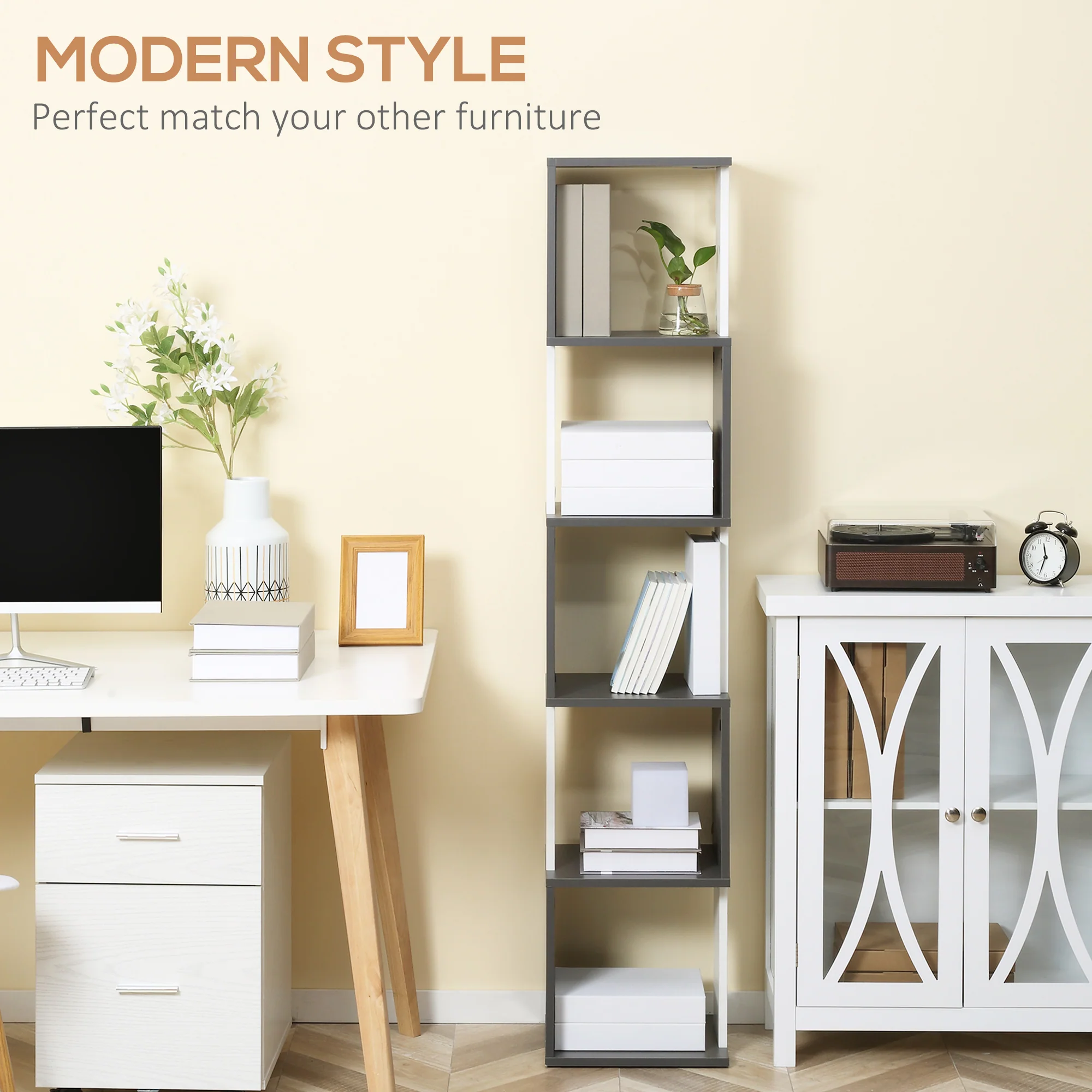 HOMCOM 5-Tier Bookshelf Freestanding Bookcase Storage Shelves, White - Image 3