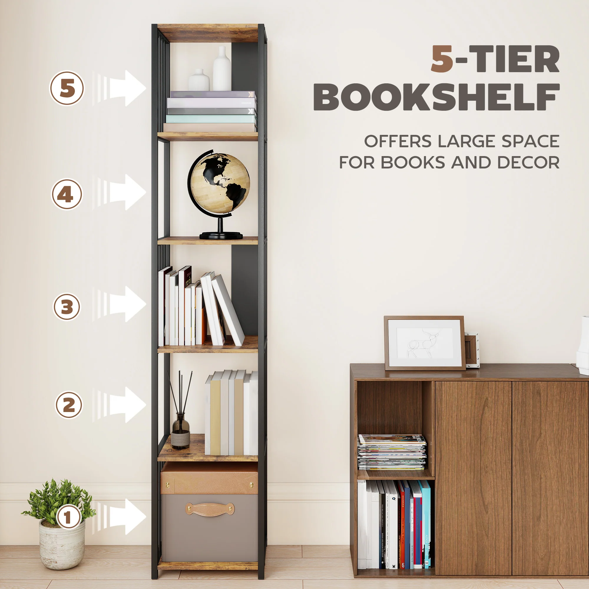 HOMCOM 5-Tier Bookshelf, Freestanding Display Storage Unit - Image 12