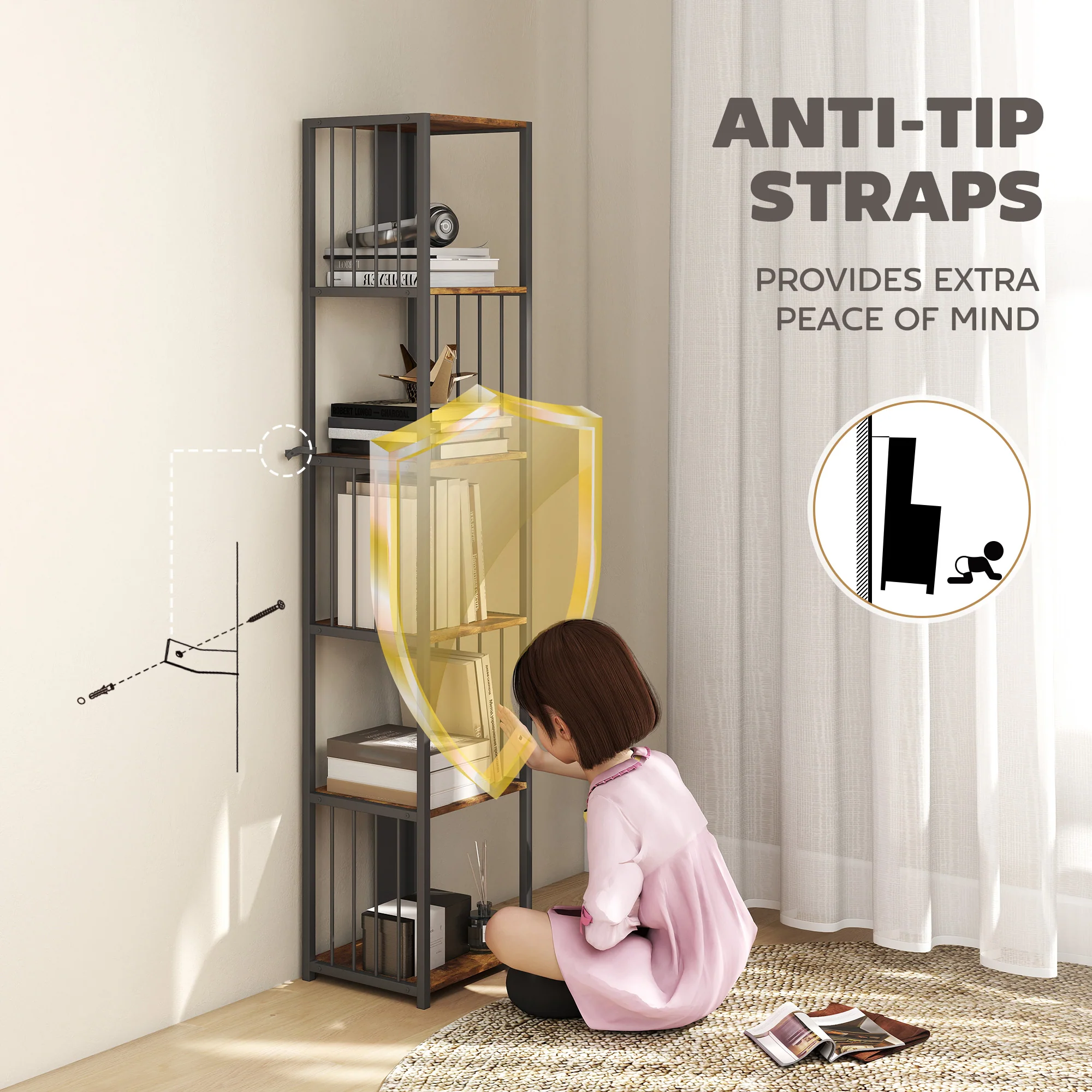 HOMCOM 5-Tier Bookshelf, Freestanding Display Storage Unit - Image 15